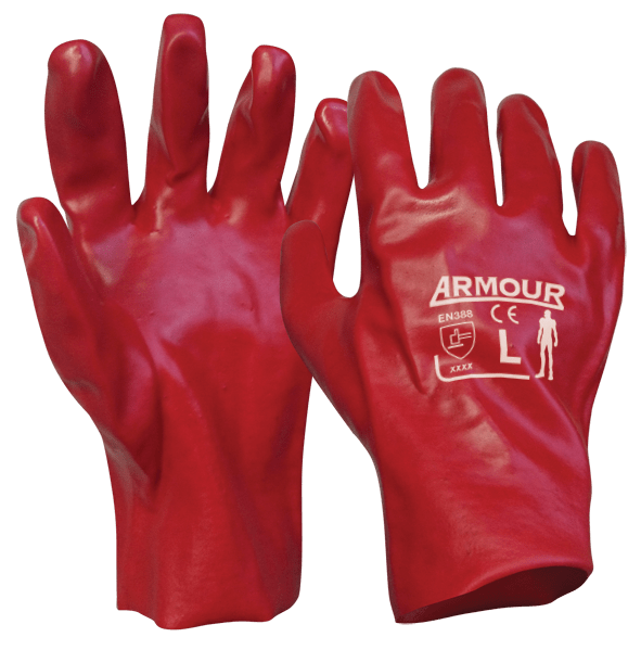 Armour Red PVC Gauntlet Gloves - Liquidproof Chemical Resistant Work Gloves, 27cm (10.6 Inches), 12 Pairs - Ideal for Dishwashing, Cleaning, Food Handling & Industrial Use