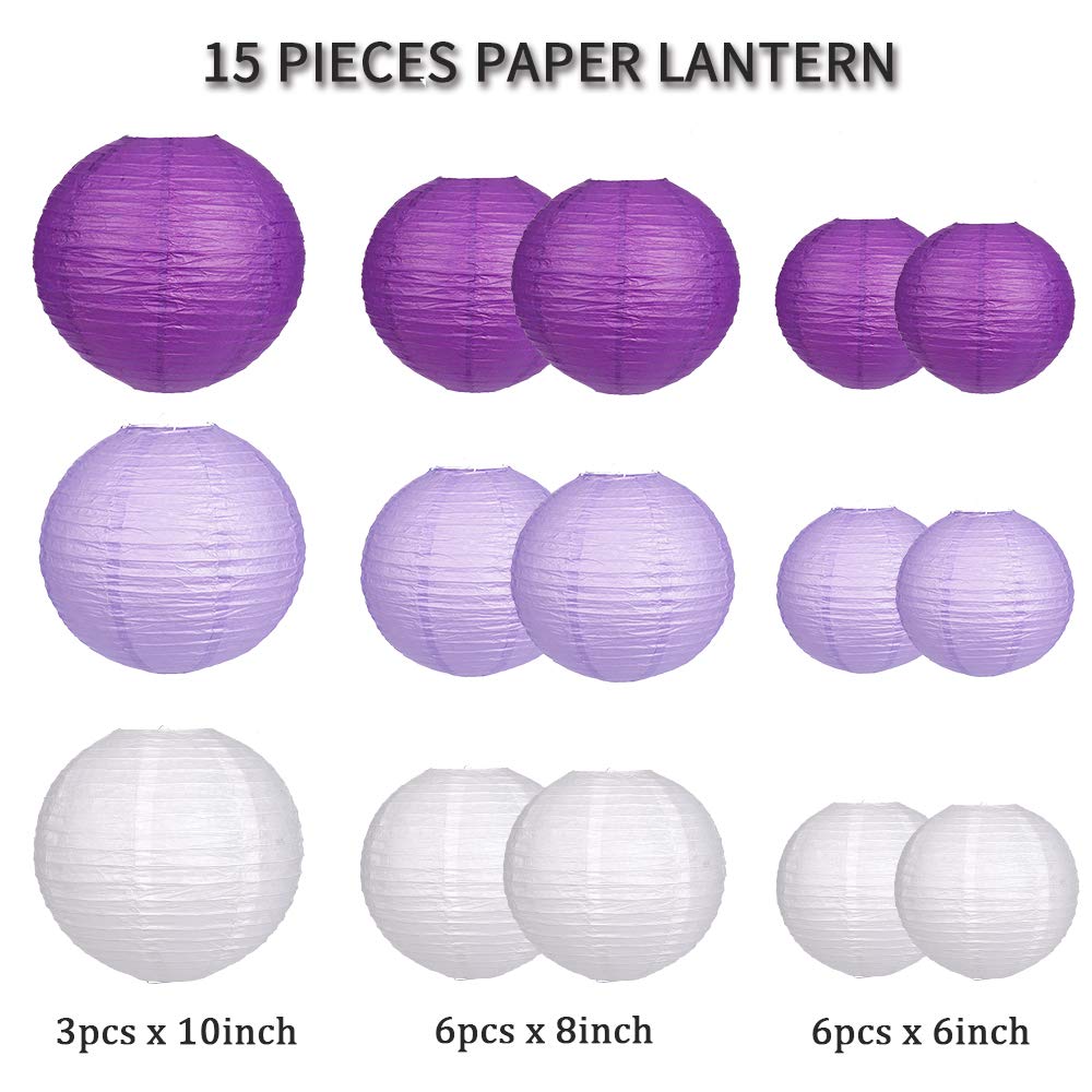 15pcs Round Hanging Paper Lanterns for Party Decor - Purple Lavender White Wedding Bachelorette Engagement Birthday Decorations | Indoor Outdoor Home Garden Event Lighting