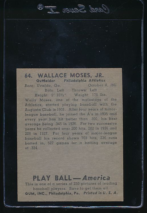 1939 Play Ball Baseball Card #64 Wally Moses EX MT 10765 - Vintage Sports Collectible for Display & Investment