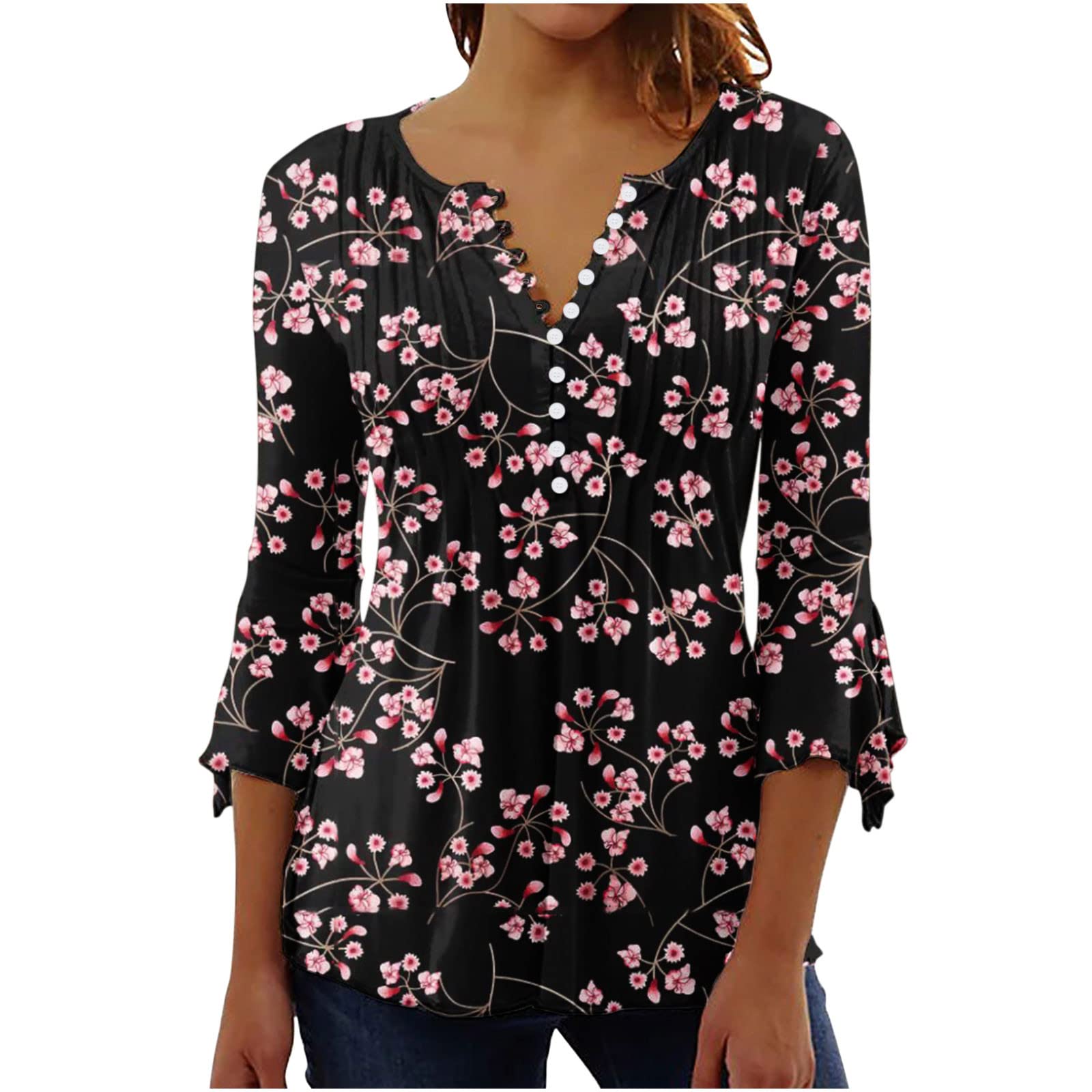 LcniniSu Women's V-Neck 3/4 Sleeve Blouse - Comfortable & Breathable Casual T-Shirt for Ladies | Trendy 2024 Fashion | Perfect for Office, Dating & Weekend Outfits