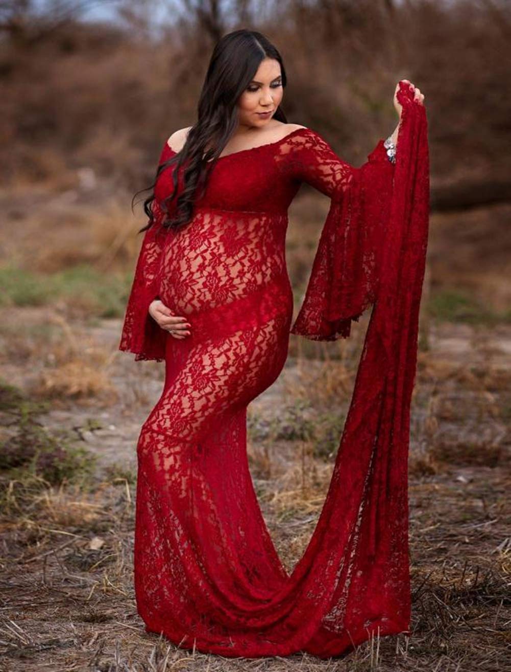 ZIUMUDY Flared Sleeve Lace Maternity Maxi Dress - Off Shoulder See-Through Sexy Pregnancy Gown for Photoshoot, Baby Shower & Special Occasions