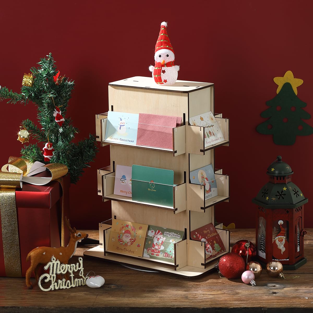 3-Tier Wooden Sticker Display Stand - 360° Rotating 4-Sided Sticker Holder for Retail Stores, Craft Fairs & Boutique Merchandising
