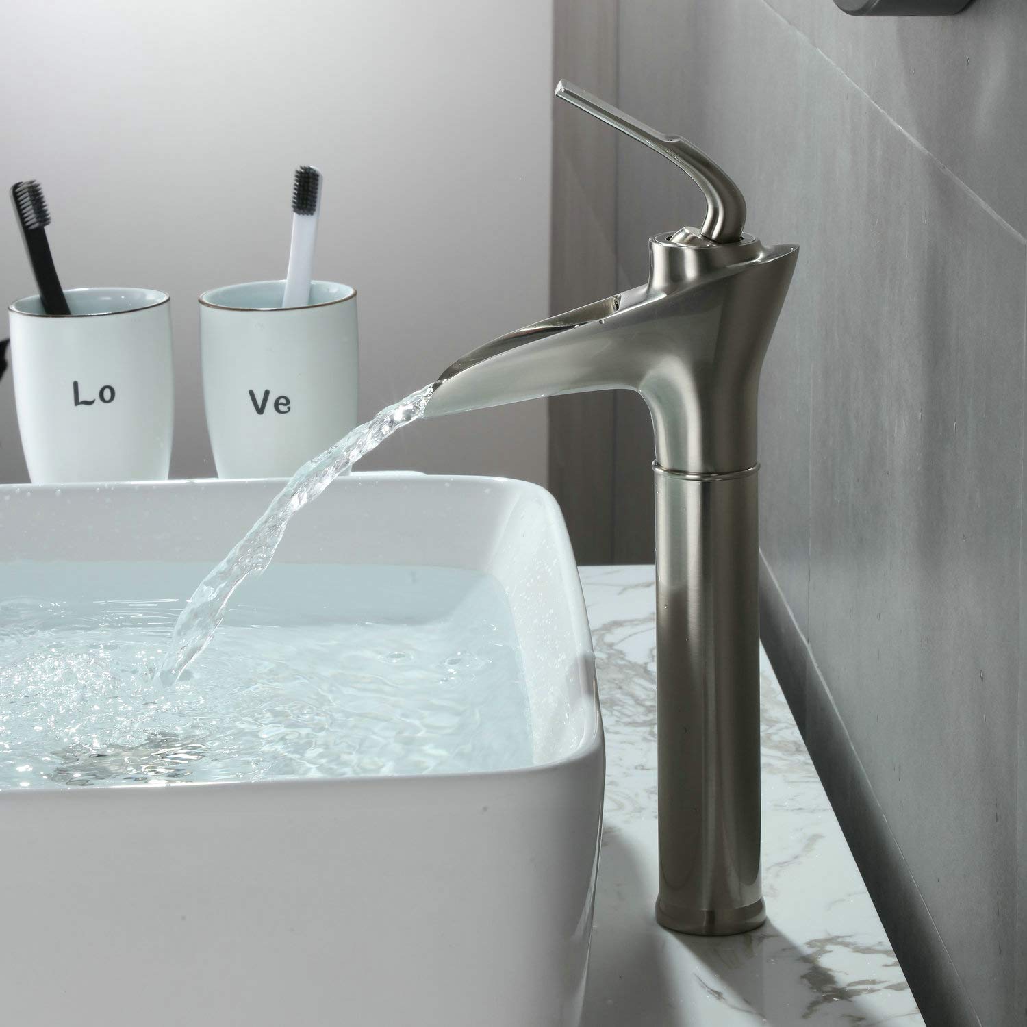 Waterfall Bathroom Faucet - Single Handle Brushed Nickel Bathroom Sink Faucet with Modern Spout Design for Vanity, Powder Room & Guest Bathroom Upgrade