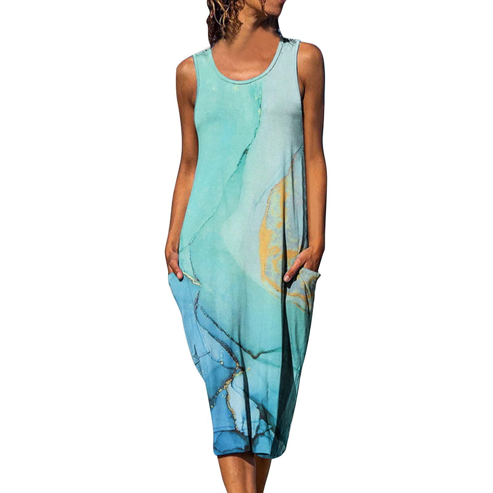 Women's Summer Wedding Guest Dress - Round Neck Sleeveless Floral Swing Sundress | Casual Beach Party, Garden Wedding & Vacation Outfit