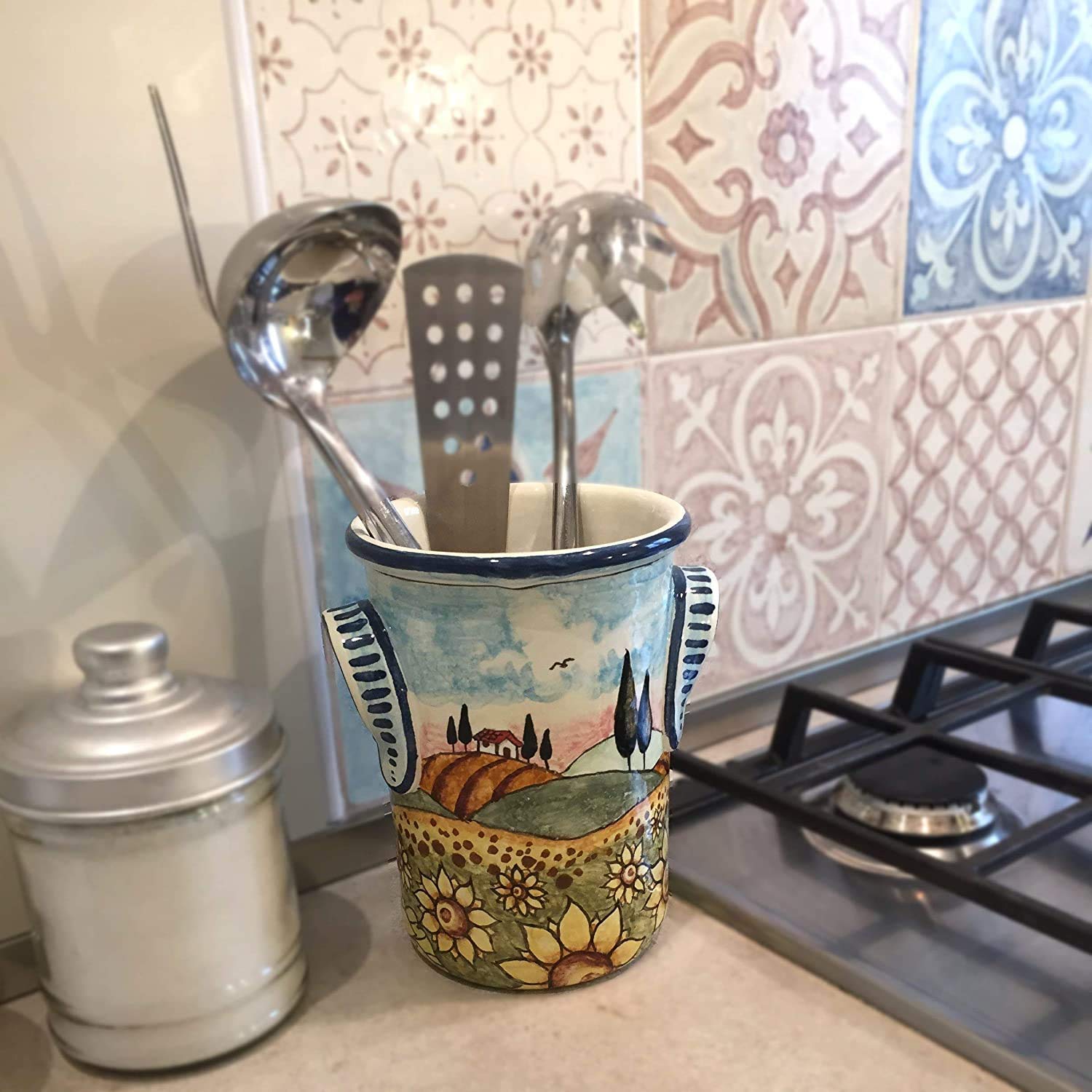 Hand-Painted Italian Ceramic Utensil Holder & Wine Bottle - Tuscan Sunflower Landscape Art Pottery, Made in Italy | Perfect for Kitchen Decor, Wine Storage & Tuscan-Themed Home Décor