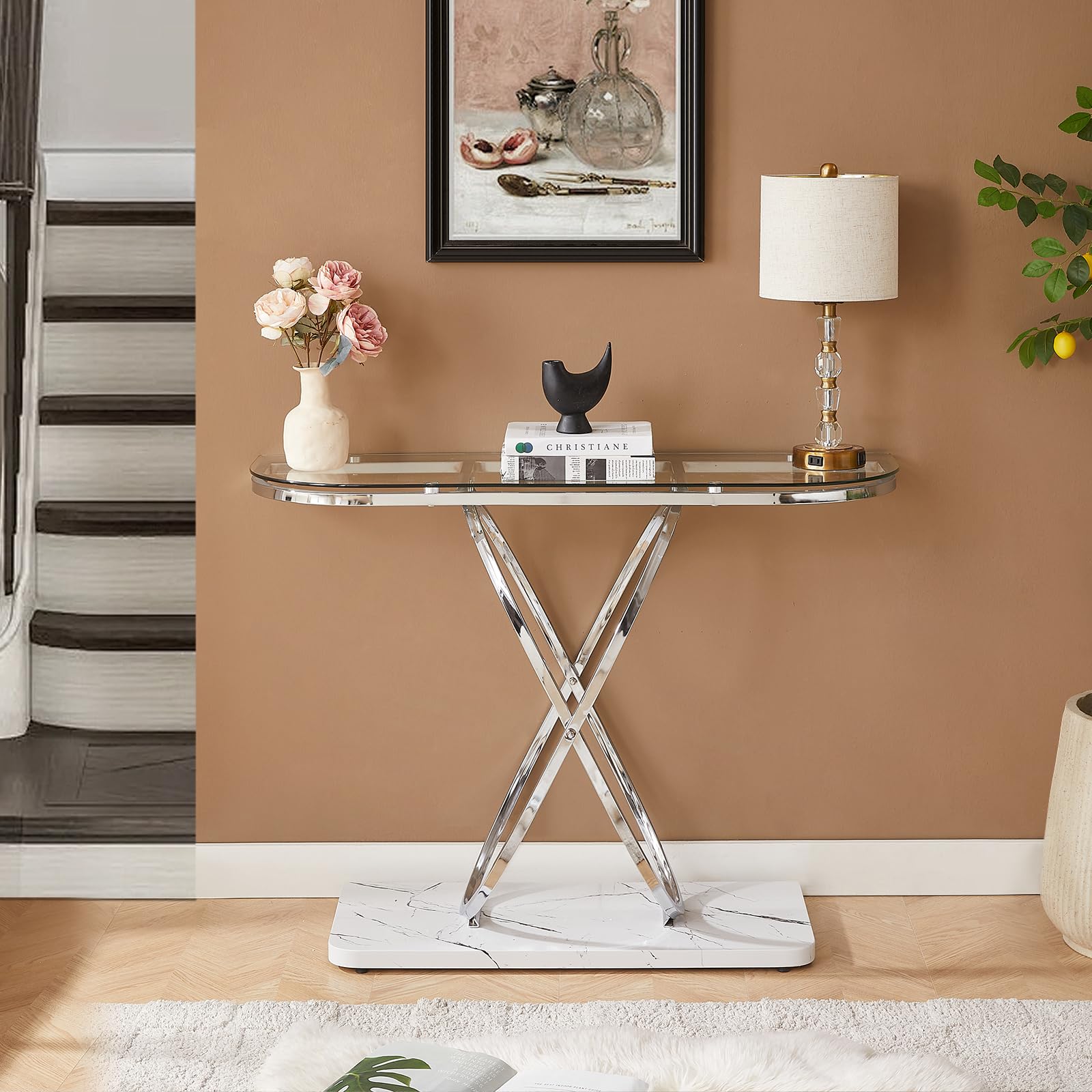 Modern Entryway Table with Oval Frames & Marble MDF Base - Tempered Glass Console Table for Living Room, Hallway, Bedroom - Silver & Clear Glass - Perfect for Small Spaces, Apartment Decor, and Home Entryway Organization