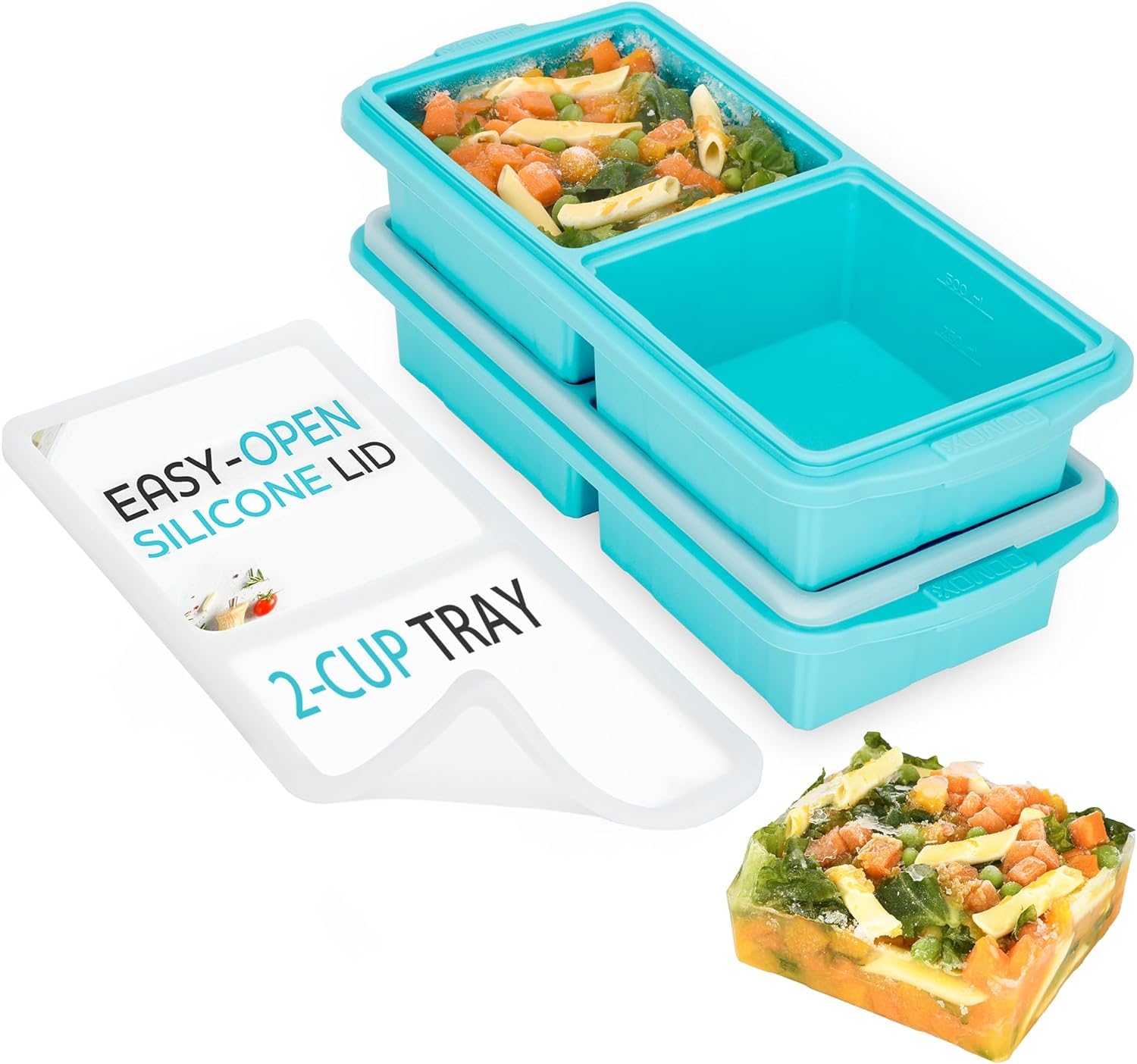 Extra Large Silicone Freezer Tray with Lid - 2-Cup Soup Freezer Container Molds (2-Pack) - Makes 4 Perfect 500ml Portion Cubes for Soup, Stew & Sauce - Oven & Dishwasher Safe - Ideal for Meal Prep, Baby Food Storage & Bulk Cooking