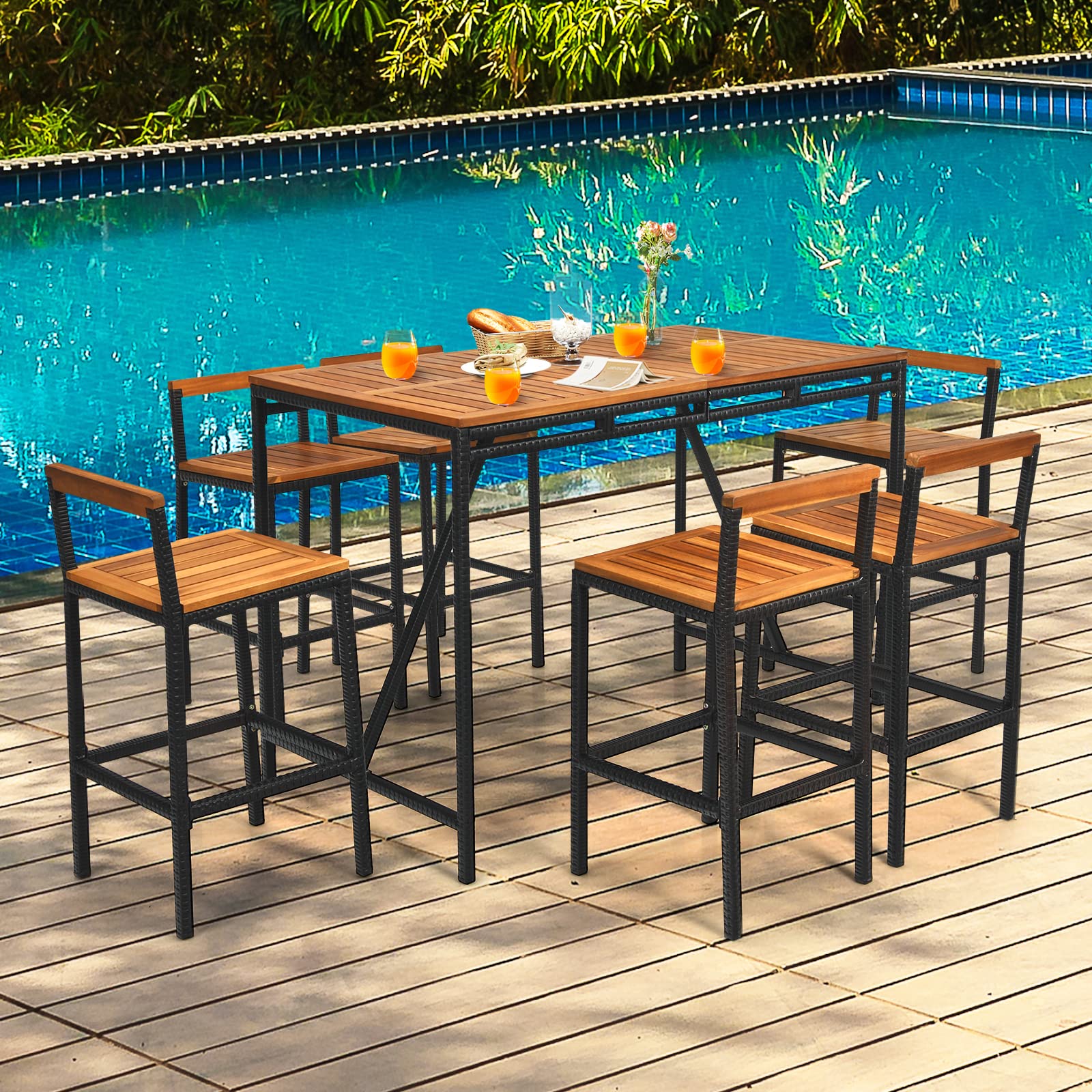 Tangkula 7-Piece Outdoor Dining Set - Acacia Wood Rectangular Table with Umbrella Hole & 6 Rattan Bar Stools - Patio, Backyard, Garden Conversation Set for Outdoor Entertaining and Relaxation