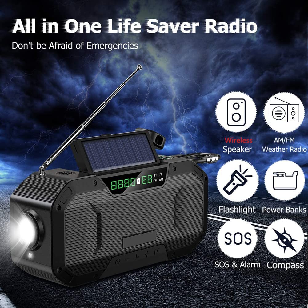 Solar & Hand Crank Emergency Radio with DAB/FM, 5000mAh Power Bank & USB Phone Charger | Portable Weather Radio for Camping, Hiking, Power Outages & Survival Kits