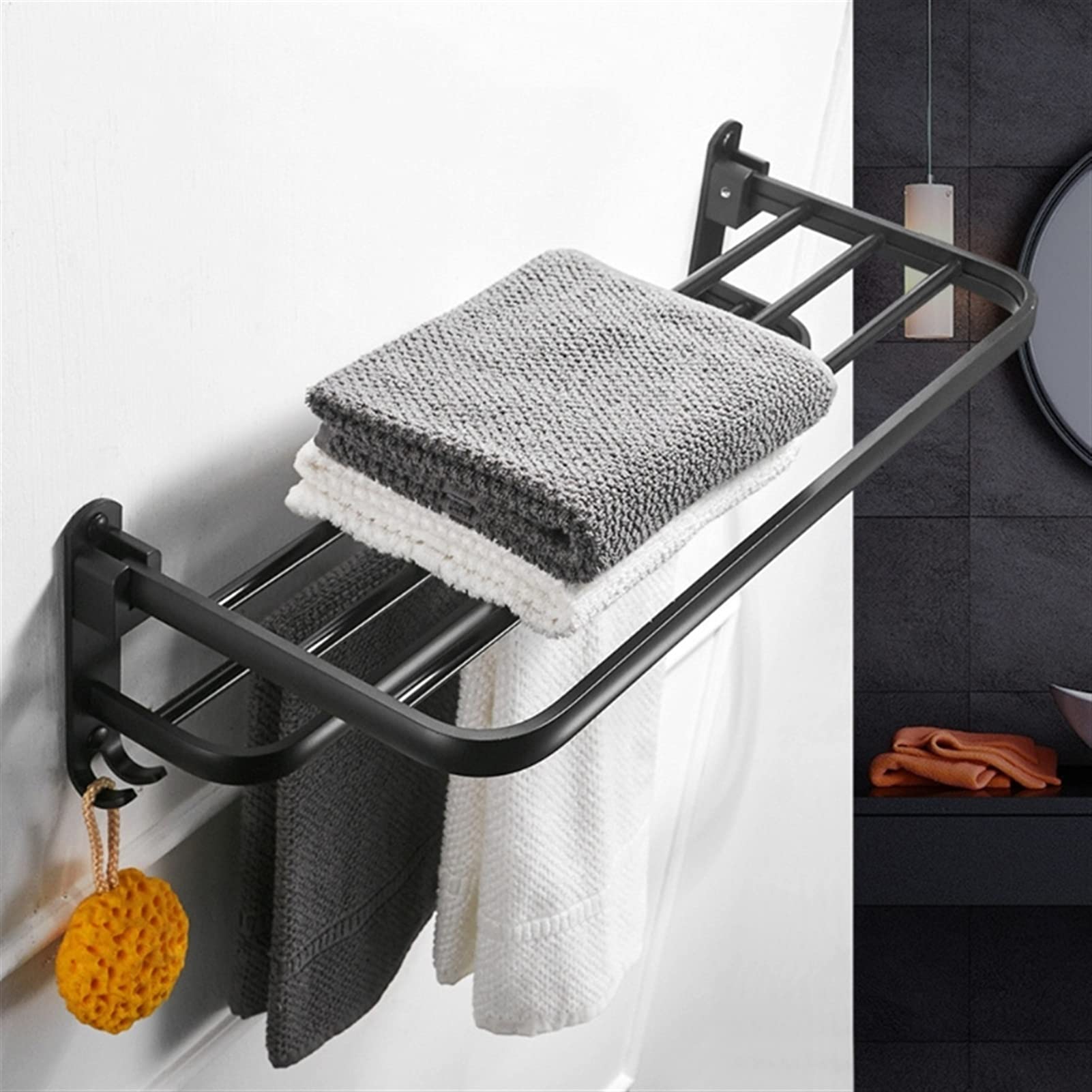 Black Aluminum Wall Mounted Folding Towel Rack with Hook - Space Saving Bathroom Storage Shelf for Towels & Robes - Perfect for Small Bathrooms, Laundry Rooms & Kitchens (40 Inch)