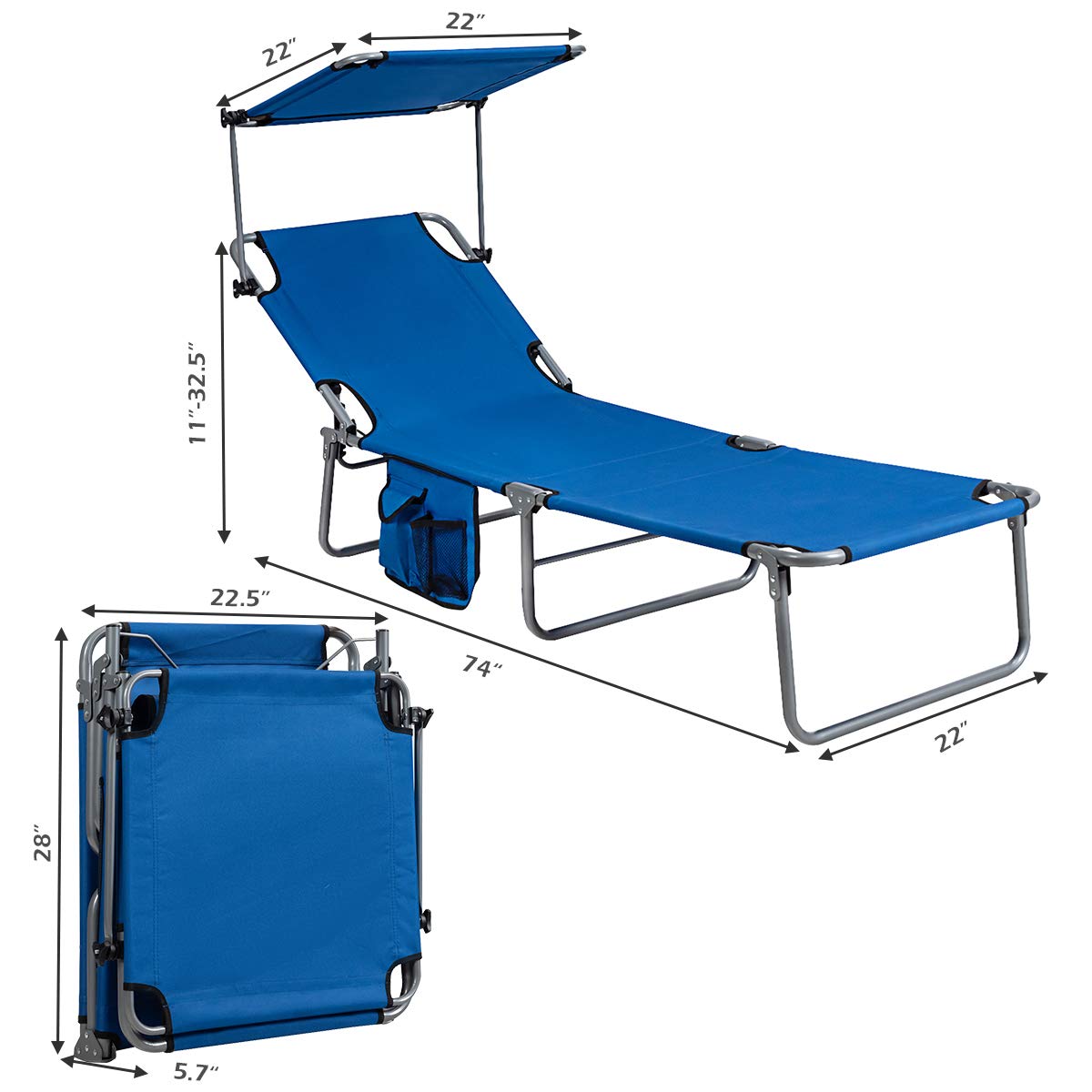 Giantex Adjustable Tanning Chair with Canopy & Storage - 5-Position Patio Chaise Lounge, Foldable Beach Chair for Poolside, Lawn, Camping - Perfect for Sunbathing, Relaxing by the Pool or Beach Vacation (Navy Blue)