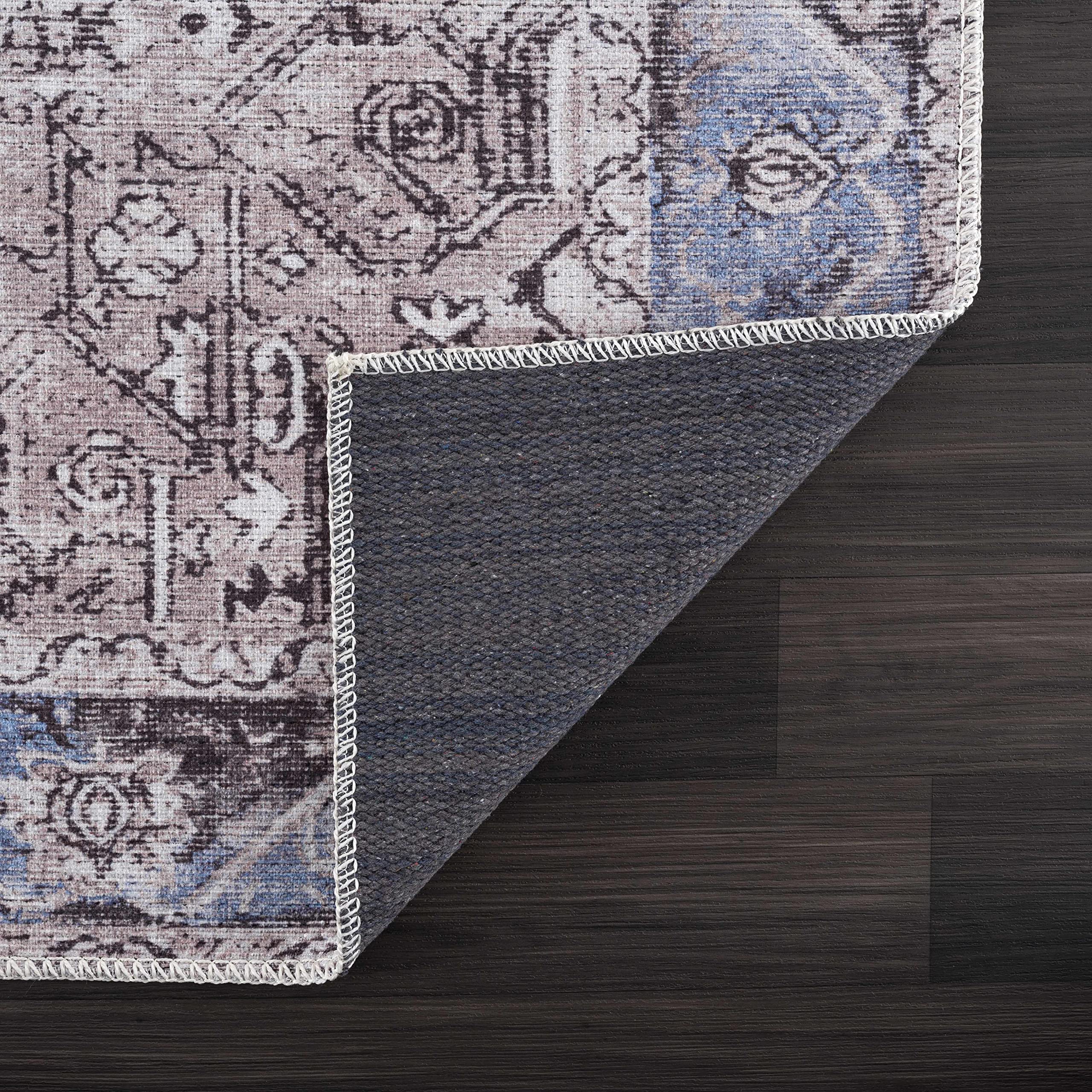 Hauteloom Rini Traditional Machine Washable Area Rug - Beige, Anthracite, Blue - 6'7