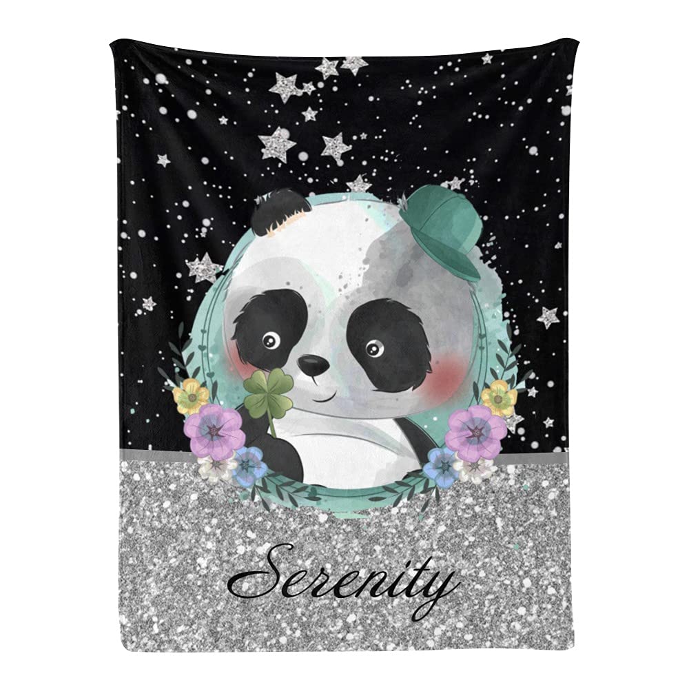 Custom Personalized Panda Portrait Flower Baby Blanket with Name - Soft Fleece Nursery Throw Blanket for Boys & Girls - 30x40 Inch Baby Shower Gift, Birthday Present, Newborn Photo Prop, Nursery Decor
