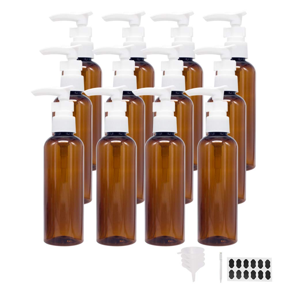 12 Pack 3.38oz (100ml) Empty Amber Plastic Pump Bottles with 1 Pen, Labels & 4 Funnels - Refillable Travel Lotion Containers for Body Wash, Shampoo, Massage Oil & Gel - Perfect for DIY Skincare, Toiletry Storage & Travel Essentials by ZMYBCPACK