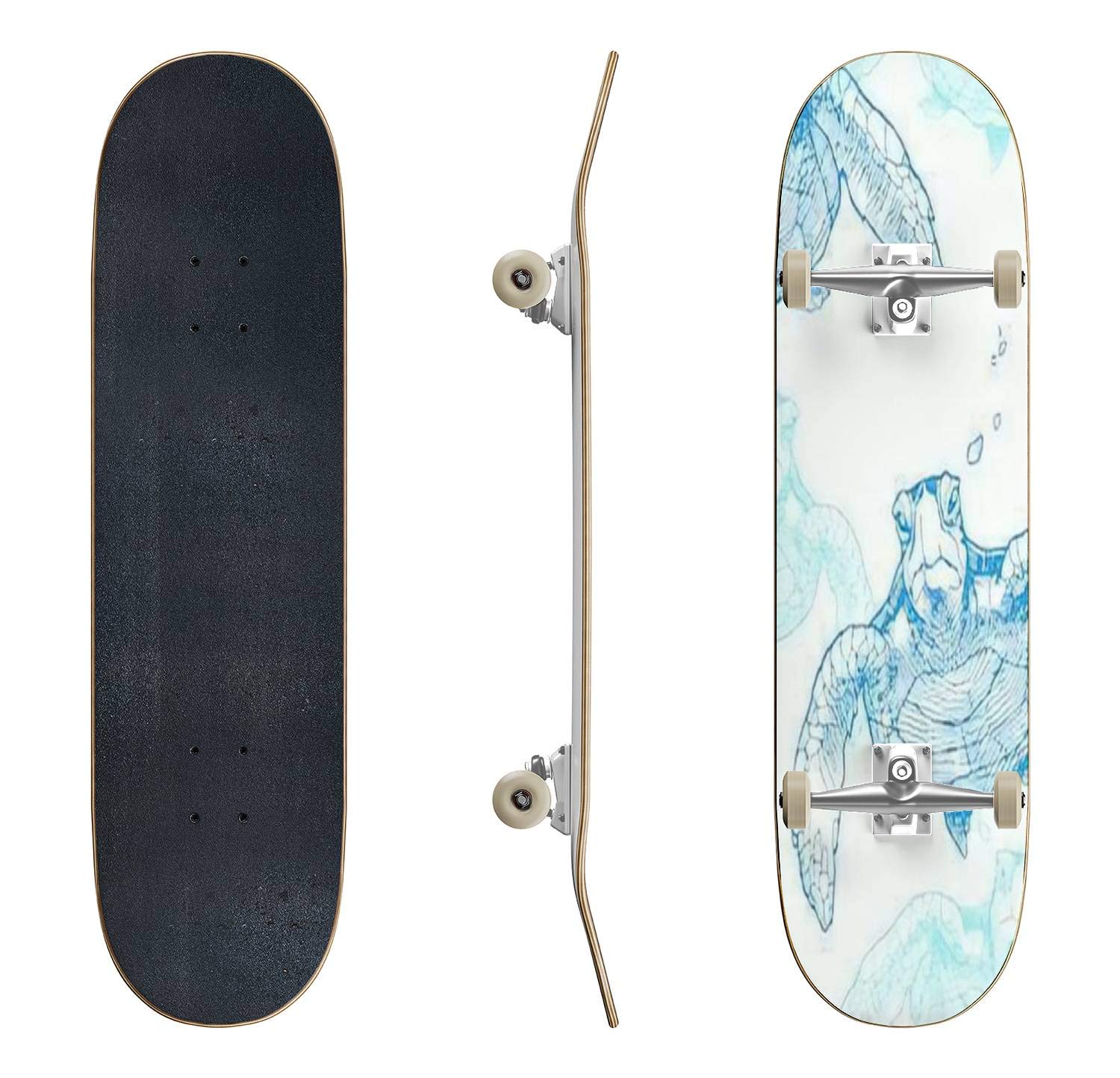 Hand Drawn Sea Turtle Vector Skateboard - Classic Concave Longboard for Beginners & Professionals | Extreme Sports Gear, Cool Teen Gifts for Skateboarding & Beach Cruising
