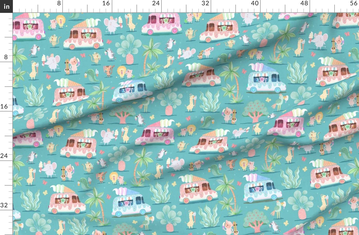 Jungle Ice Cream Truck Cute Turquoise Animal Print Fleece Fabric by The Yard - Lion & Monkey Design for Sewing Blankets, Loungewear, DIY No-Sew Projects - Perfect for Baby Blankets, Pajamas & Home Decor