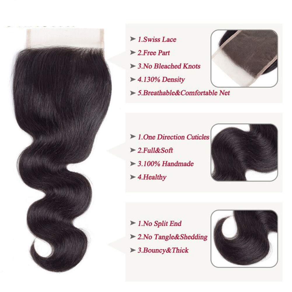 Amella Hair 8A Brazilian Body Wave Hair Bundles with 4x4 Closure - 100% Unprocessed Virgin Remy Hair (18 20 22 Inches + 16 Free Part) - Perfect for Weaving, Extensions & Natural Hairstyles