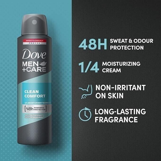 Dove Men+Care Antiperspirant Dry Spray Deodorant for Men - 48 Hour Sweat & Odor Protection, Clean Comfort Scent, 3.8 oz (3-Pack) | Fresh All Day for Workouts, Office & Daily Activities