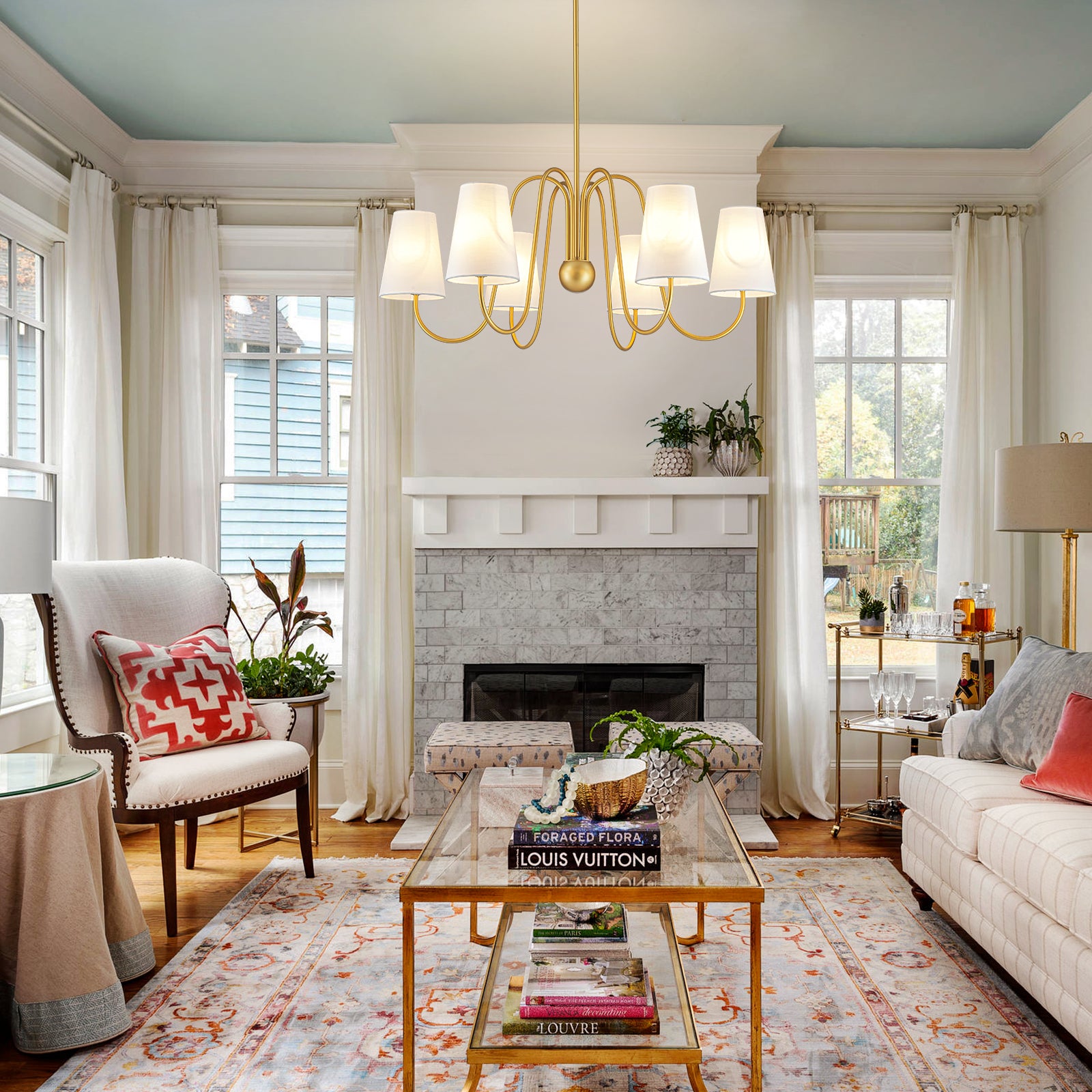 Vintage Mid-Century Modern 6-Light Brass Chandelier with White Fabric Shades - 33
