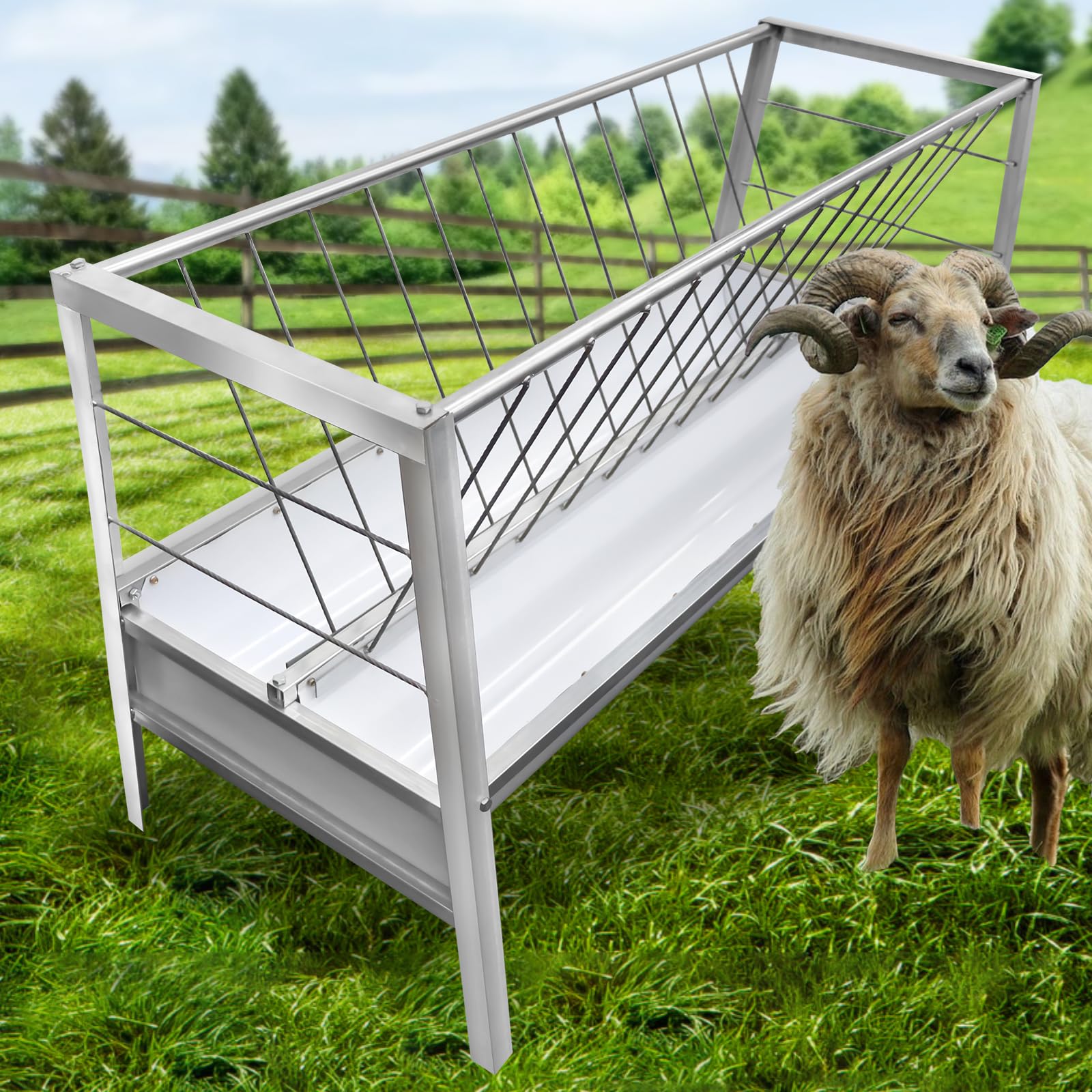 **Alloy Steel Goat Hay Feeder - 2-in-1 Livestock Feeder with 64-Gallon Hay Rack & 20-Gallon Grain Tray - Large Capacity Goat Feeder with Deep Pan - Perfect for Farms, Ranches, and Livestock Feeding**