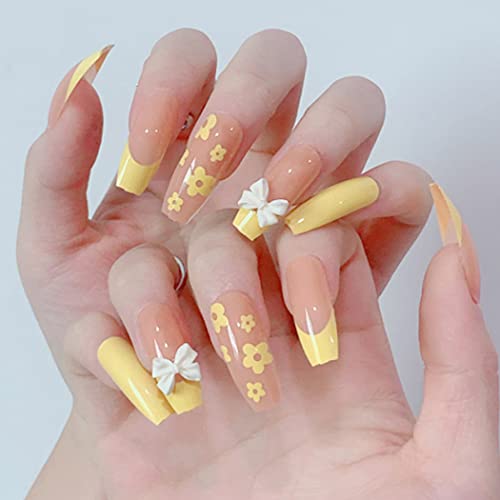 **Aksod Glossy Yellow Press on Nails - Long Coffin Fake Nails with Bow & Flower Design, Cute French Ballerina Style, Full Cover Artificial Nails for Women & Girls (24Pcs, Style J) - Perfect for Parties, Weddings & Special Occasions**