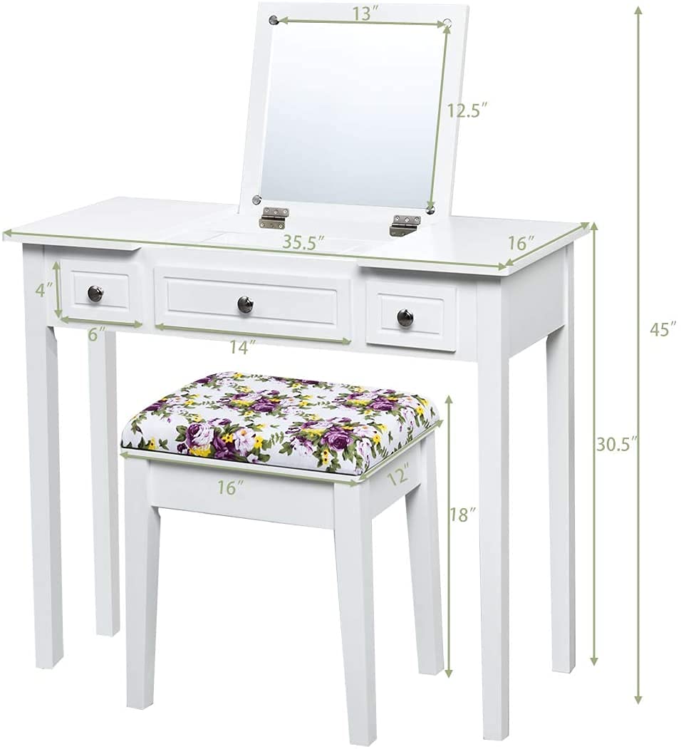 Byroce Vanity Set with Bench - White Dressing Table with Flip Top Mirror, 3 Drawers & 7 Compartments, Makeup Desk & Writing Table with Cushioned Stool for Bedroom, Living Room & Home Office - Perfect for Makeup Application, Skincare Routine, and Elegant Home Decor
