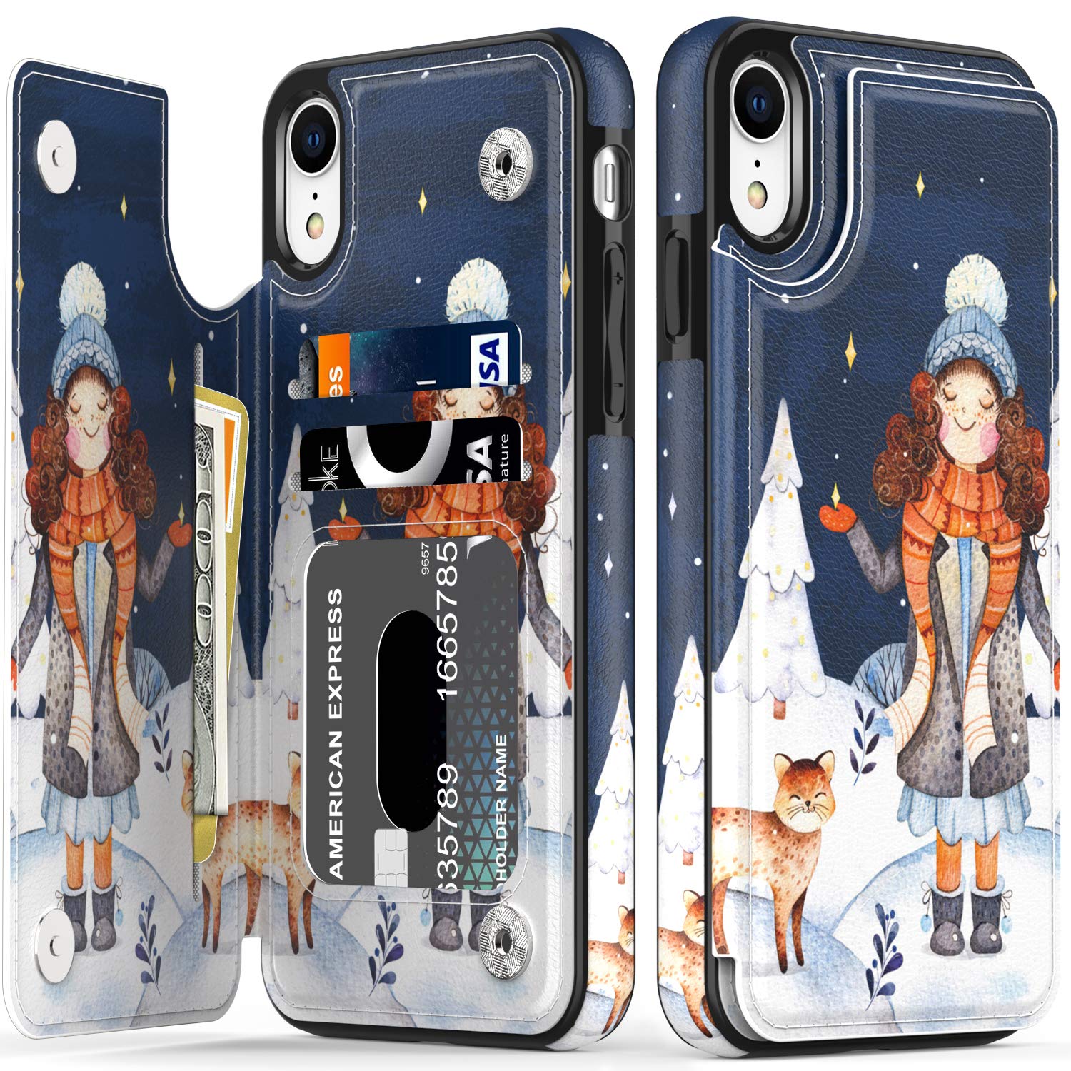 Premium Leather Wallet Case for iPhone XR - Fashion Flip Folio Cover with Card Slots & Kickstand | Protective Phone Case for Women | Cute Girl & Cat Design | Perfect for Work, Travel & Everyday Use