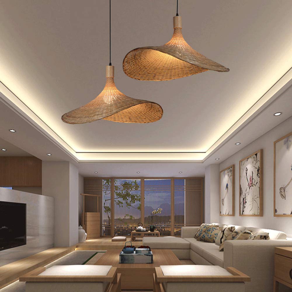 Modern Bamboo Chandelier - E27 Rattan Basket Ceiling Pendant Light for Dining Room & Farmhouse | Natural Bamboo Lighting Fixture with Straw Hat Design | Perfect for Rustic, Boho & Coastal Home Decor
