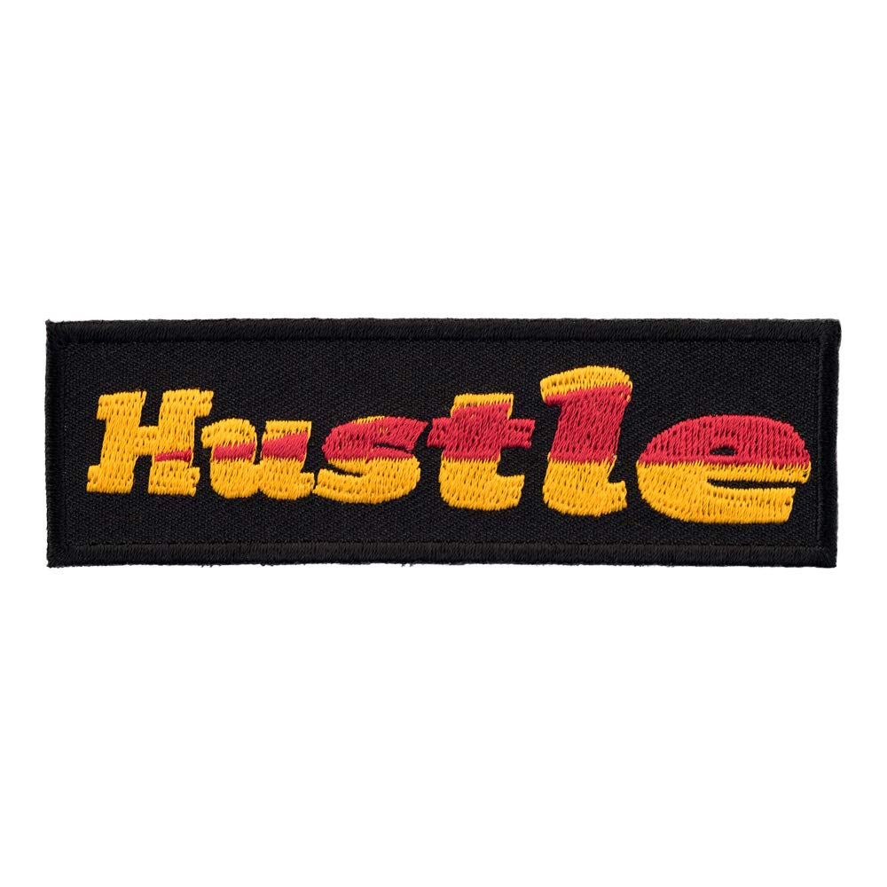 Hustle Motivational Iron-On Patch - Red & Yellow Embroidered Saying for Jackets, Hats & Backpacks | DIY Sewing & Applique for Workwear & Casual Style