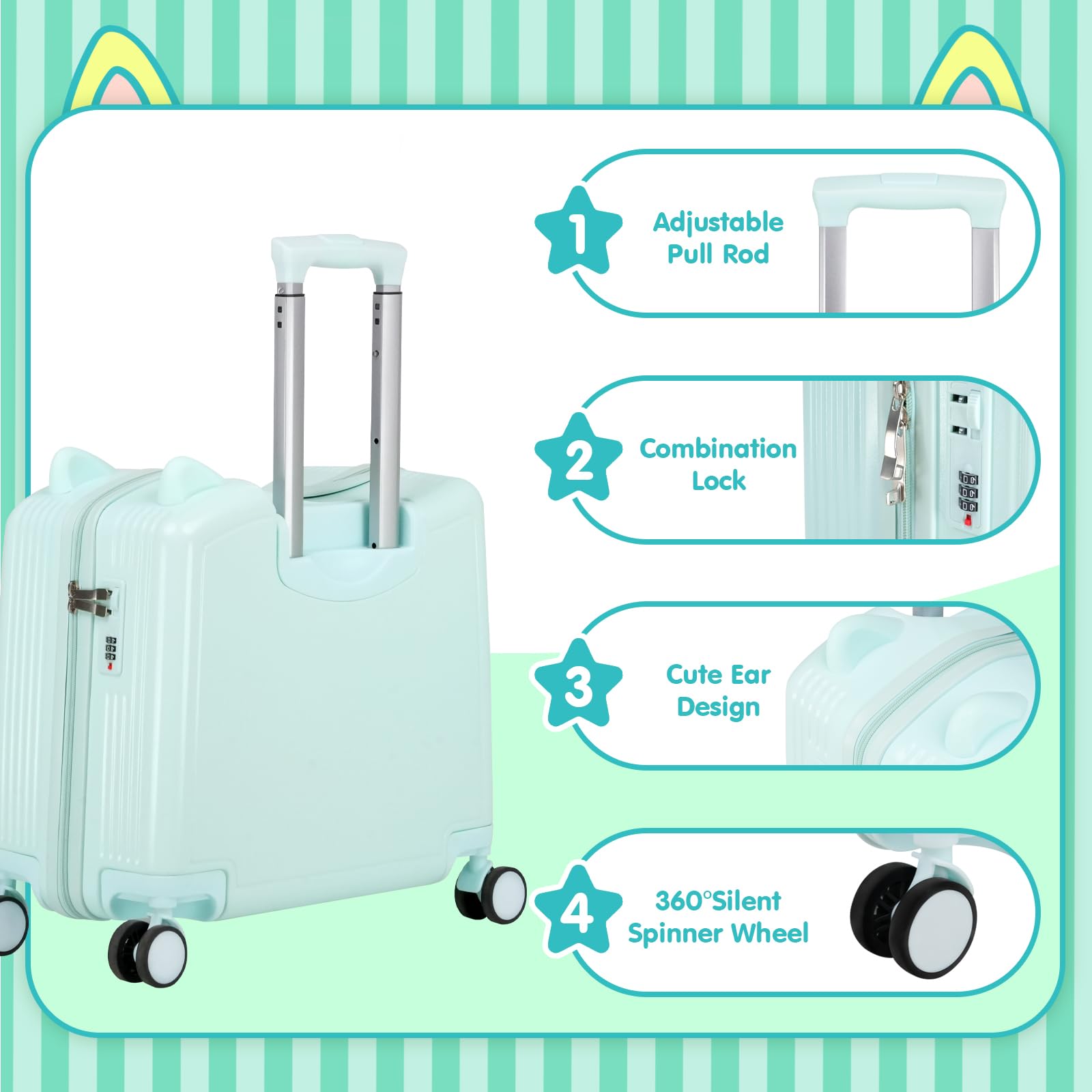 20 Inch Kids Ride-On Travel Suitcase with Spinner Wheels & Combination Lock - Cute Ear Toddler Carry-On Luggage for Boys & Girls (Green) | Perfect for Airplane Travel, Family Vacations & School Trips