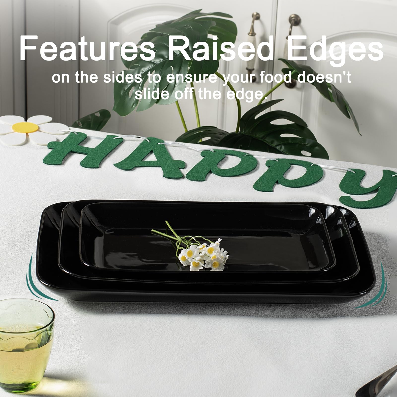 Delling Large Serving Platter Set - 16/14/12 Inch Black Rectangular Trays for Parties, Entertaining, Thanksgiving & Christmas | Microwave, Dishwasher & Oven Safe | Perfect for Holiday Dinners, Buffets & Family Gatherings
