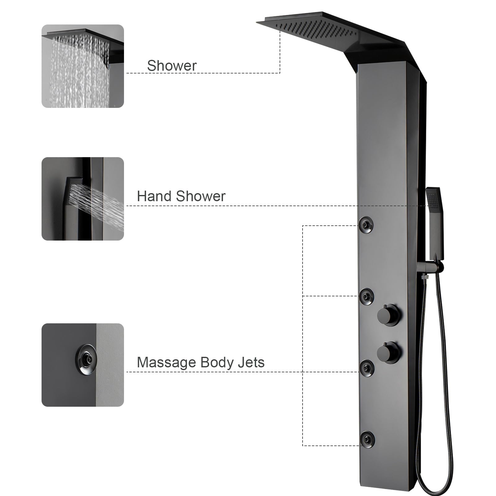 BWE Stainless Steel Shower Panel Tower System - 3-in-1 Multi-Function Shower Panel with Rainfall Shower Head, Body Jets & Handheld Spray - Wall Mount Matte Black Shower Column for Spa-Like Bathroom Experience