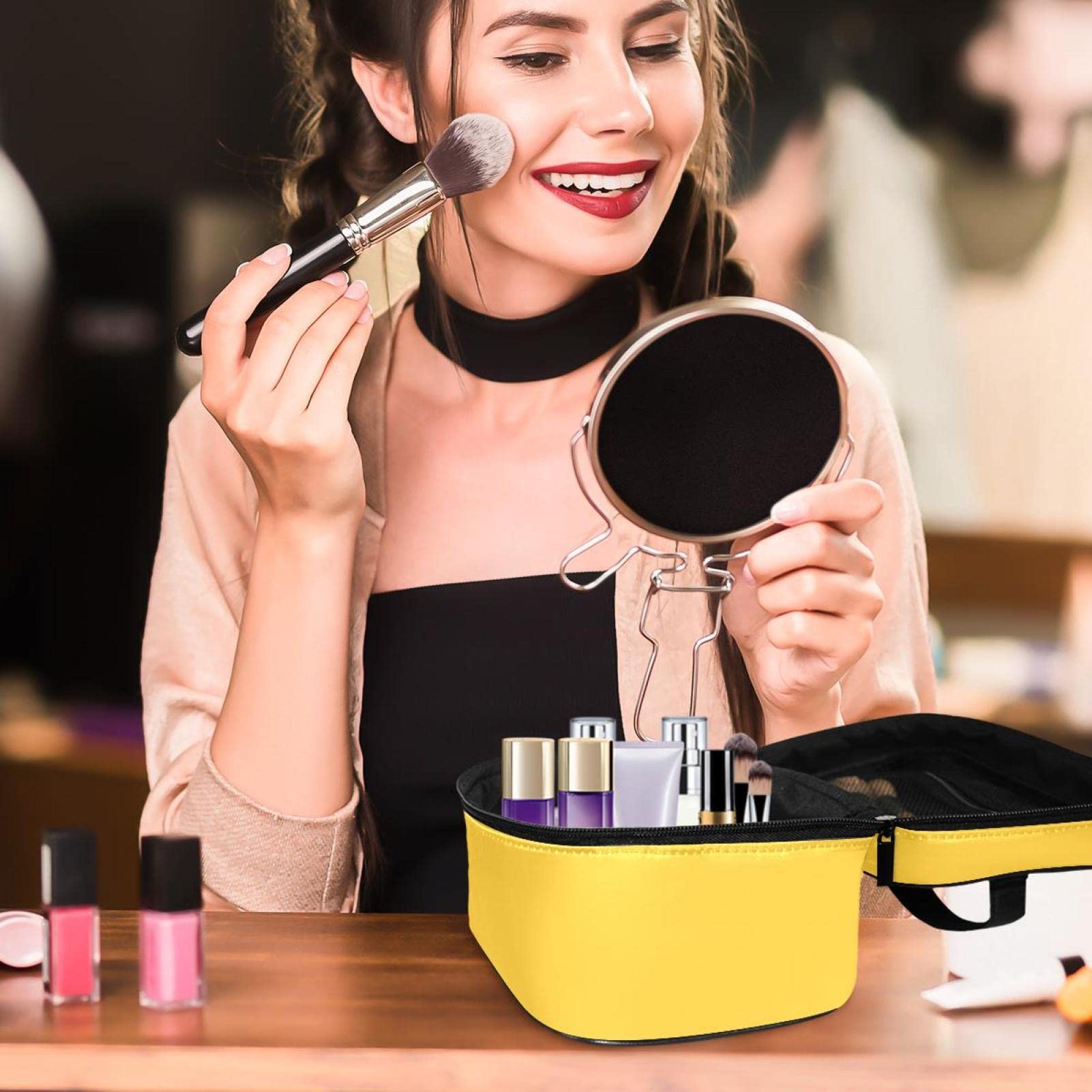 Earth Yellow Makeup Organizer Bag - Waterproof Travel Cosmetic Case with Multiple Pockets for Women & Girls | Perfect for Toiletries, Makeup Storage & On-the-Go Organization (Home, Travel, Gym)