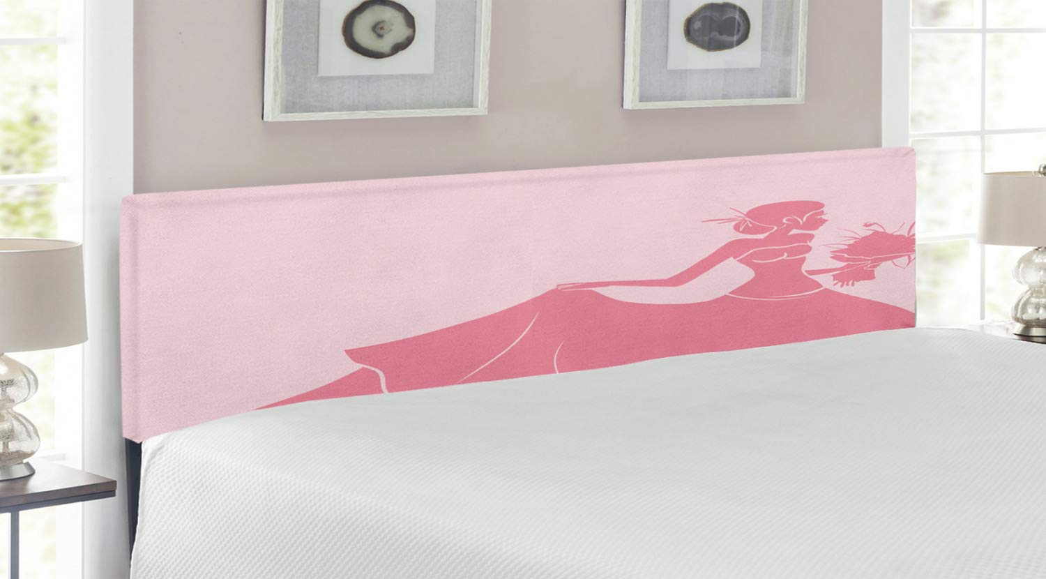 Ambesonne King Size Upholstered Headboard - Pink Wedding Dress Bride Floral Sketch Design, Memory Foam Cushioned Metal Bed Frame Headboard in Salmon & Pale Pink | Perfect for Bridal Showers, Master Bedrooms & Wedding Decor