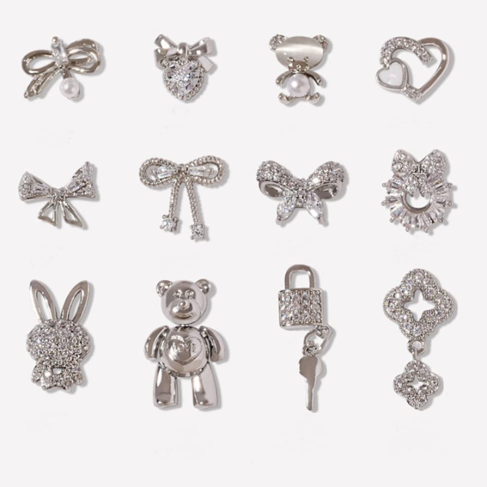 Noapasa 12 PCS Mixed 3D Bear Nail Art Decorations - Cute Crystal Bear Charms for DIY Nail Designs, Manicure Tips & Nail Art Accessories for Women & Girls (Silver) | Perfect for Parties, Weddings, Salon Nail Art & Gift Giving