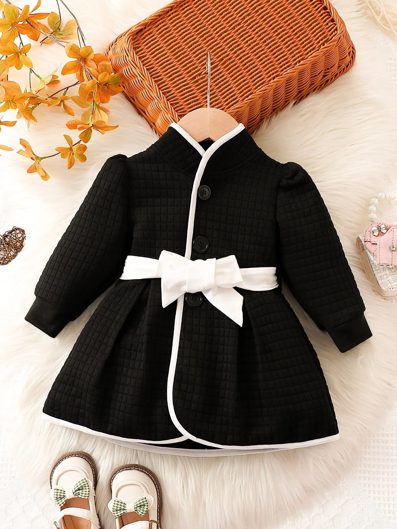 Baby Girls' Winter Thermal Belted Dress Set with Princess Coat - Classic Black & White Contrast Cardigan for Holiday Parties & Family Photos