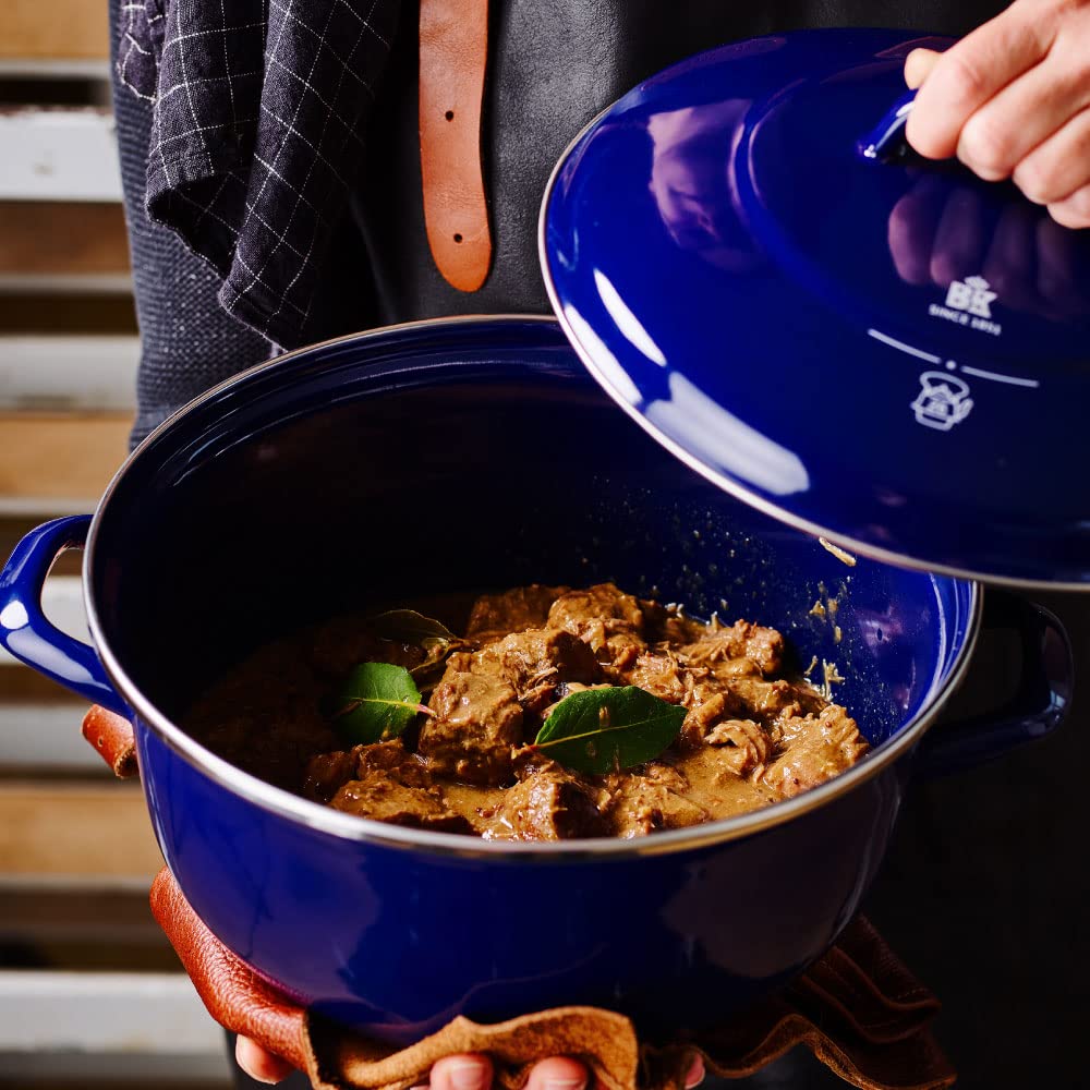 BK Indigo Dutch Heritage Round German Enamel Casserole Pot with Lid - PFAS-Free Ceramic Non-Stick Coating, 2.5L (20cm) - Induction, Oven & Dishwasher Safe - Cobalt Blue - Perfect for Soups, Stews & Baking