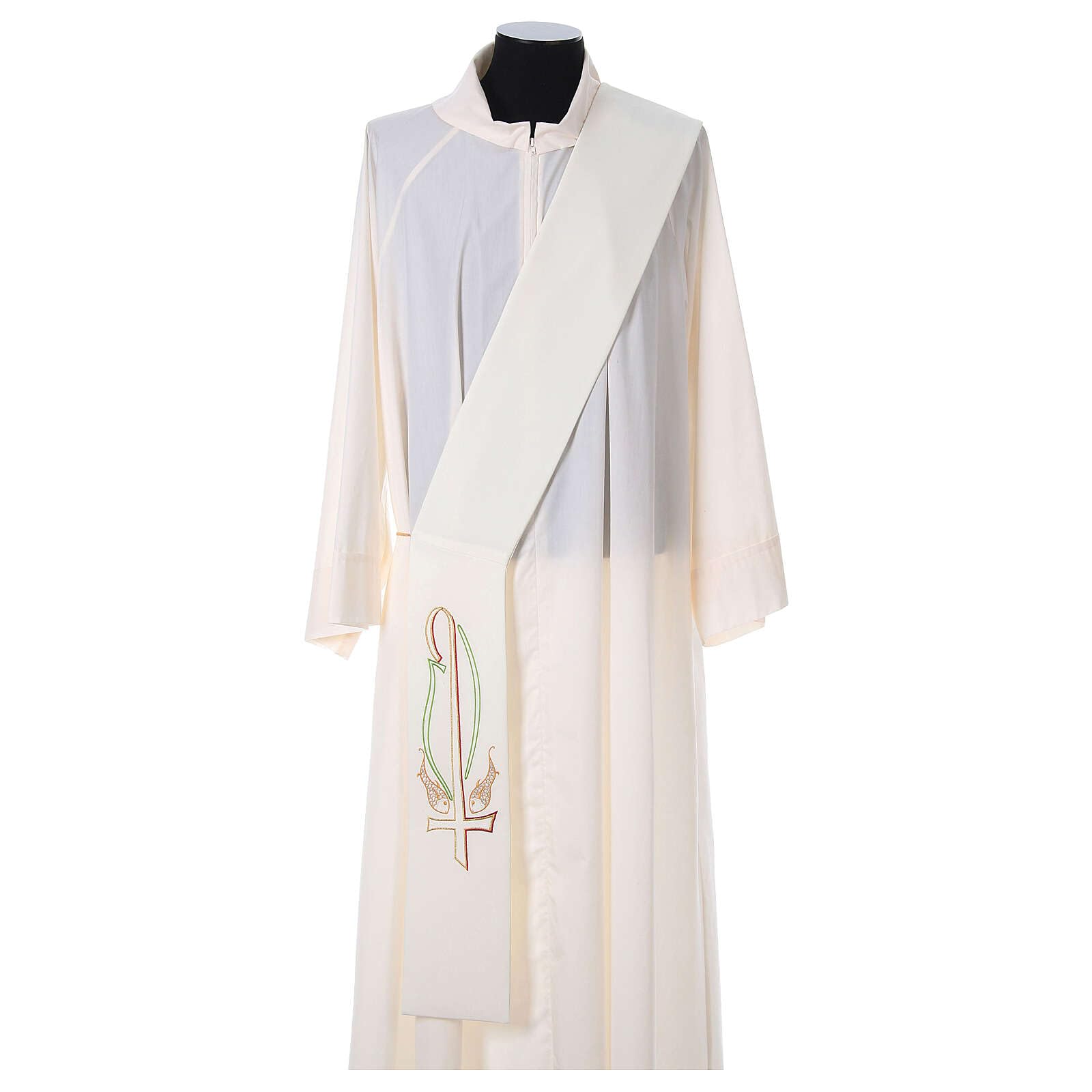Elegant Polyester Diaconal Stole with Fish Embroidery in Ivory - Perfect for Church Services, Ordinations & Religious Ceremonies