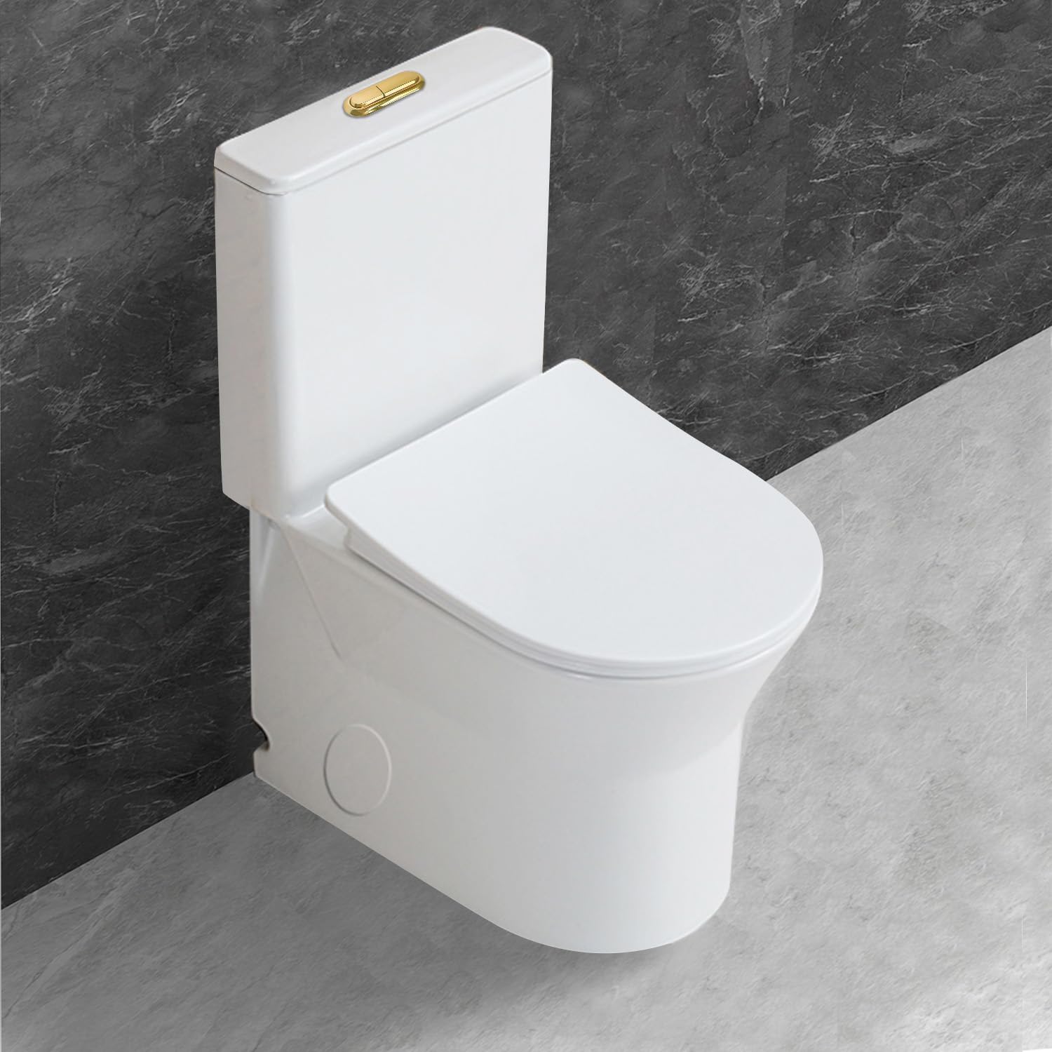 WinZo 23-Inch One Piece Toilet with 10-Inch Rough-In - Compact Space-Saving Design for Small Bathrooms - White with Golden Button - Perfect for Apartments, Tiny Homes & Powder Rooms