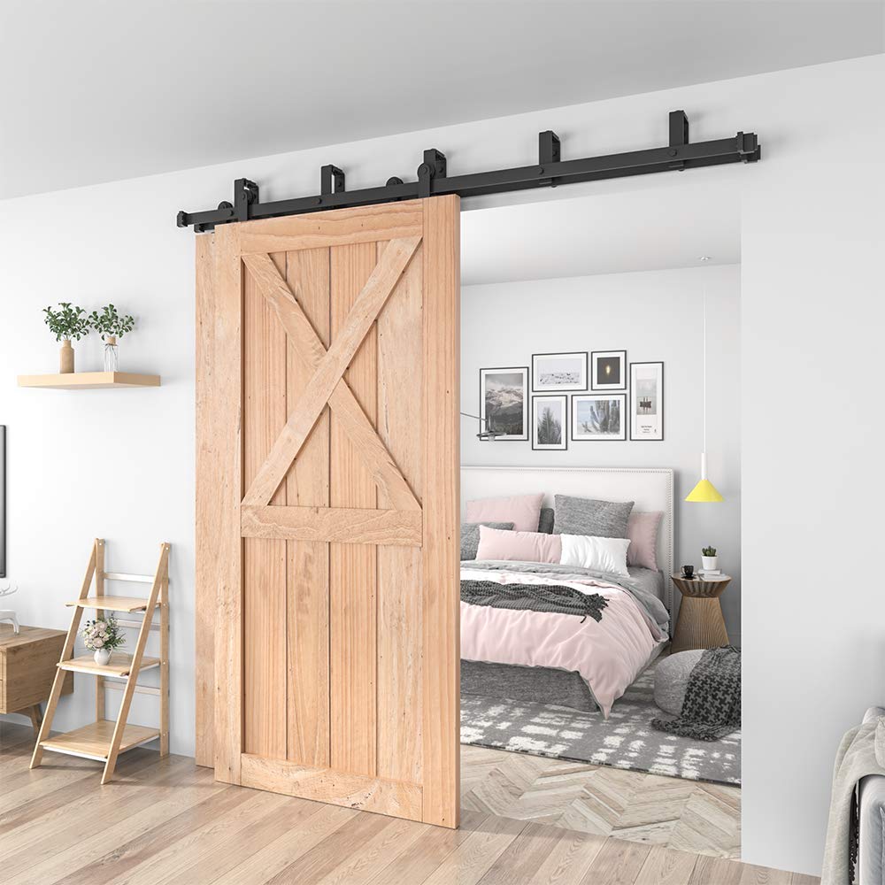 WINSOON Heavy Duty Top Mount Double Bypass Barn Door Hardware Kit - 5 FT Track for Overlapping Double Doors | One-Piece Rail for Smooth & Quiet Sliding | Easy Installation Fits Two 30” Wide Door Panels | Perfect for Bedrooms, Closets & Room Dividers
