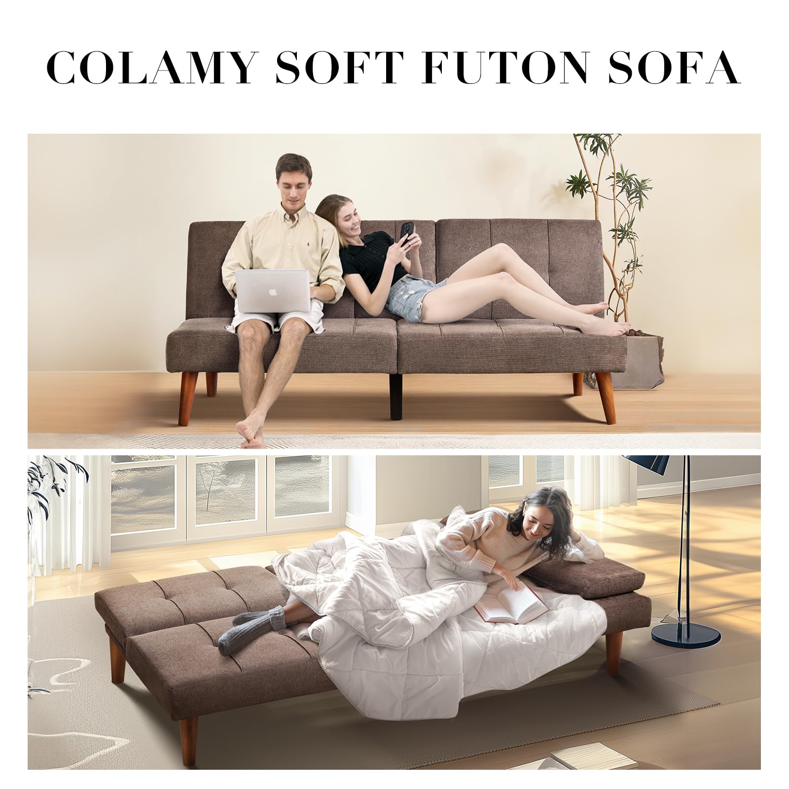 COLAMY Convertible Futon Sofa Bed - Small Fabric Couch with 2 Cup Holders & Adjustable Backrest, Removable Soft Armrests for Dorm, Bedroom, Apartment - Perfect for Small Spaces, Guest Sleeping & Lounge Relaxation (Brown)