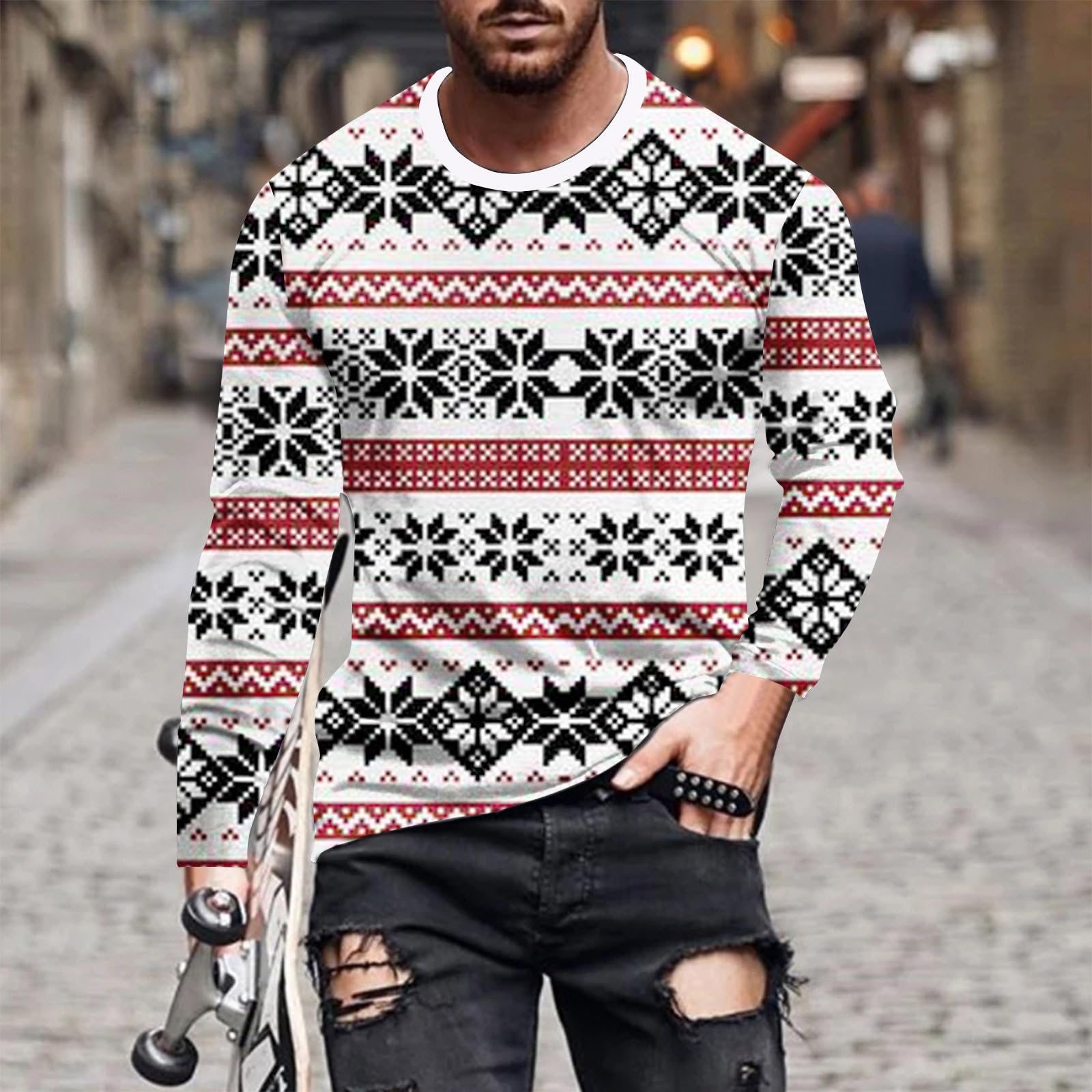 Funny Christmas Sweater for Men - Santa Claus & Snowflakes Plaid Print Long Sleeve Pullover | Warm Winter Holiday Party Jumper | Plus Size Xmas Gift for Him (Office Party, Family Gathering, Ugly Sweater Contest)