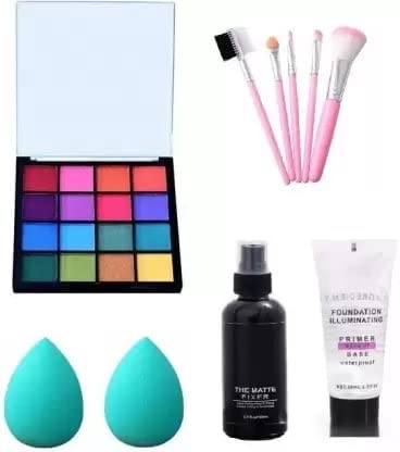 WMK 16-Pigmented Color Eyeshadow Palette - Matte & Shimmery Finish with 5 Pink Makeup Brushes, Matte Fixing Spray, Primer & 2 Beauty Blenders - Professional Makeup Kit for Party, Wedding & Daily Use (10-Pack)