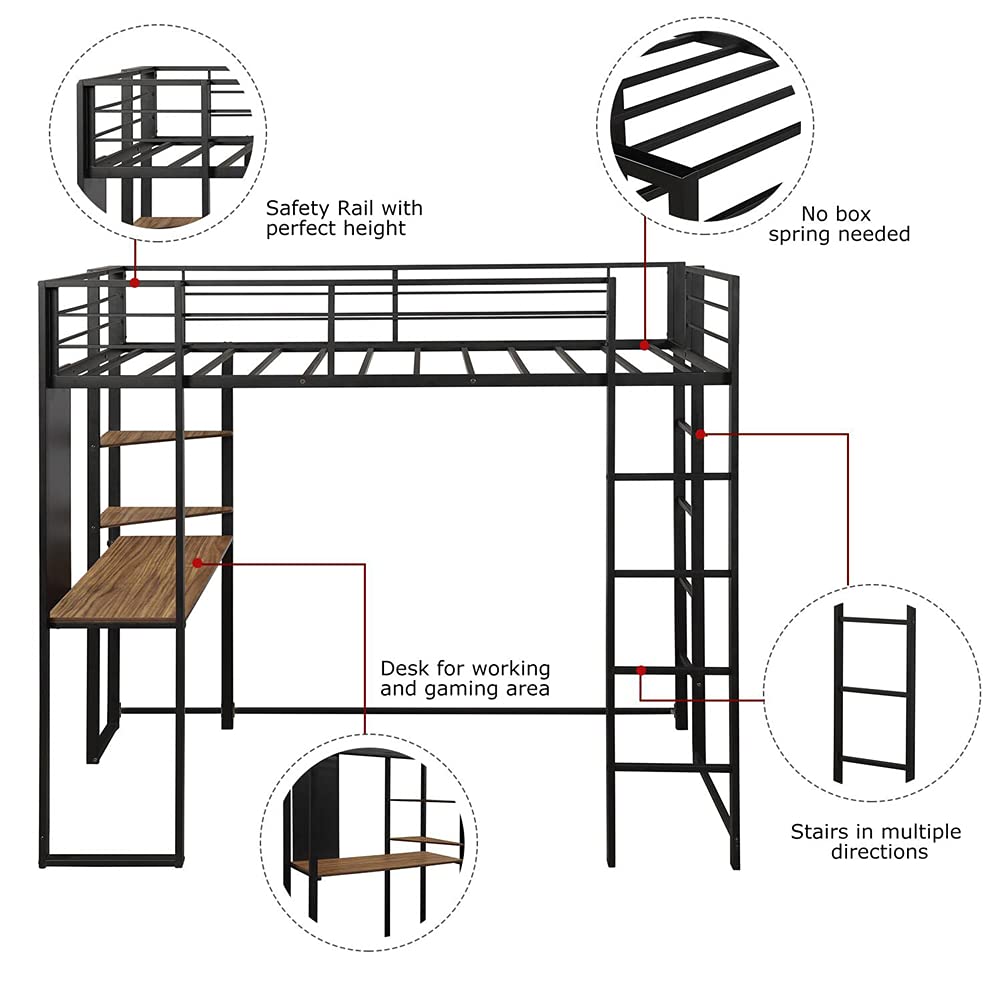 Twin Size Loft Bed with Study Desk & Storage Shelves - Sturdy Metal Frame with Safety Ladders & Guardrails - Space-Saving Design for Small Bedrooms, Dorms or Guest Rooms - Black Modern Furniture for Teens & Adults