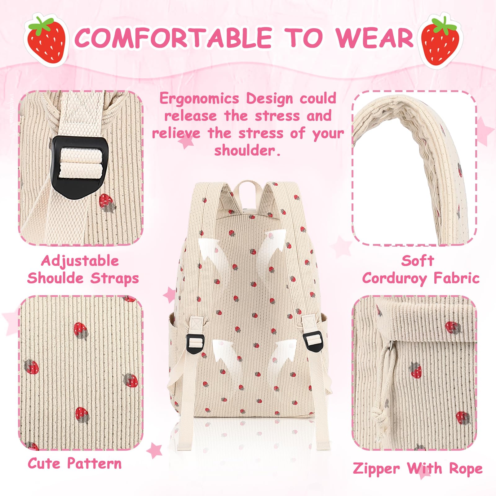 Stylish Corduroy Backpack for Teen Girls - Lightweight School Bag for Elementary, Middle & High School, Women's Travel & Casual Daypack (Strawberry) - Perfect for School, Travel & Everyday Use