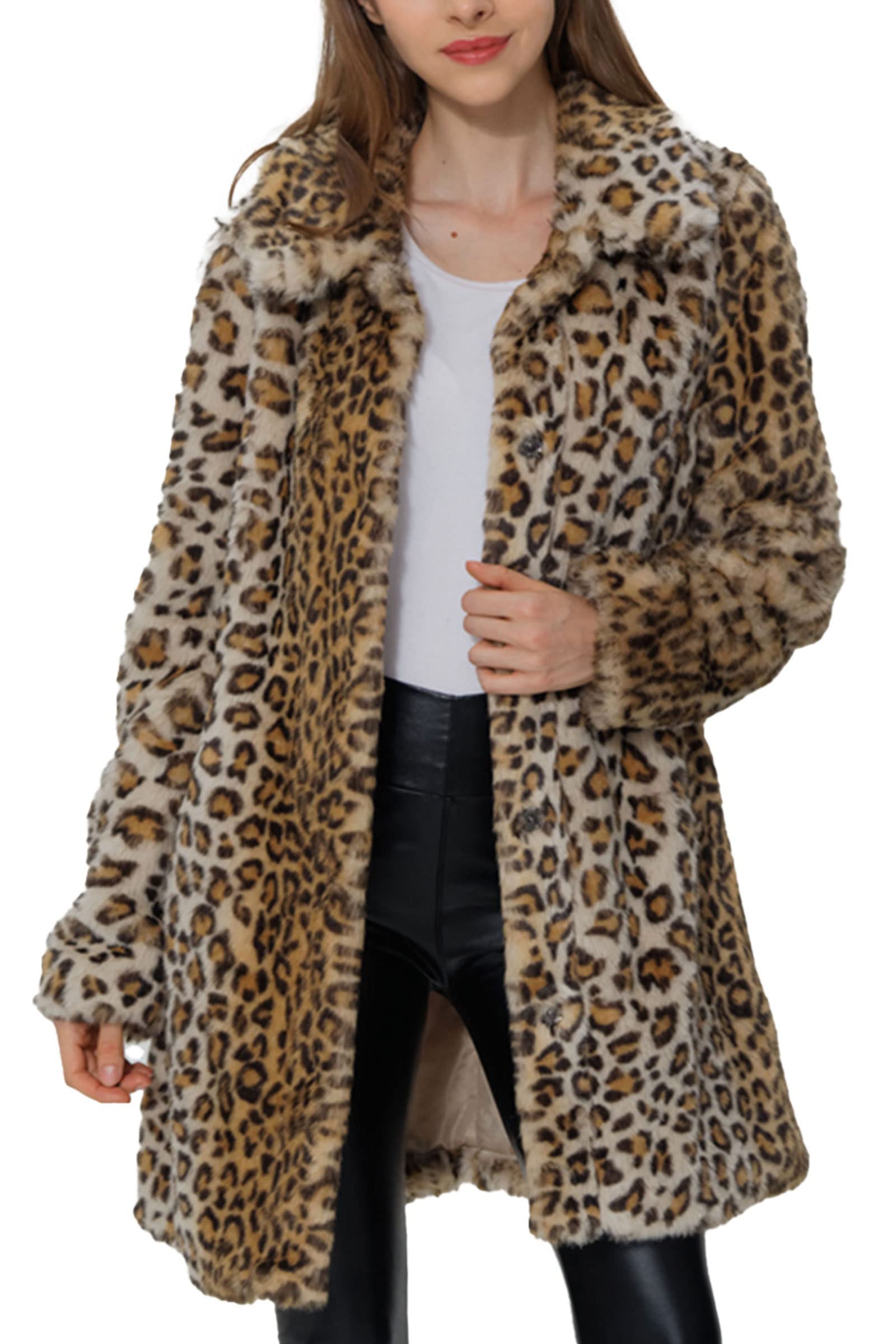 Bellivera Women's Leopard Print Fleece Coat - Warm Fuzzy Faux Fur Jacket & Fluffy Cardigan for Winter & Spring | Cozy Outerwear for Casual Outings, Date Nights & Office Wear