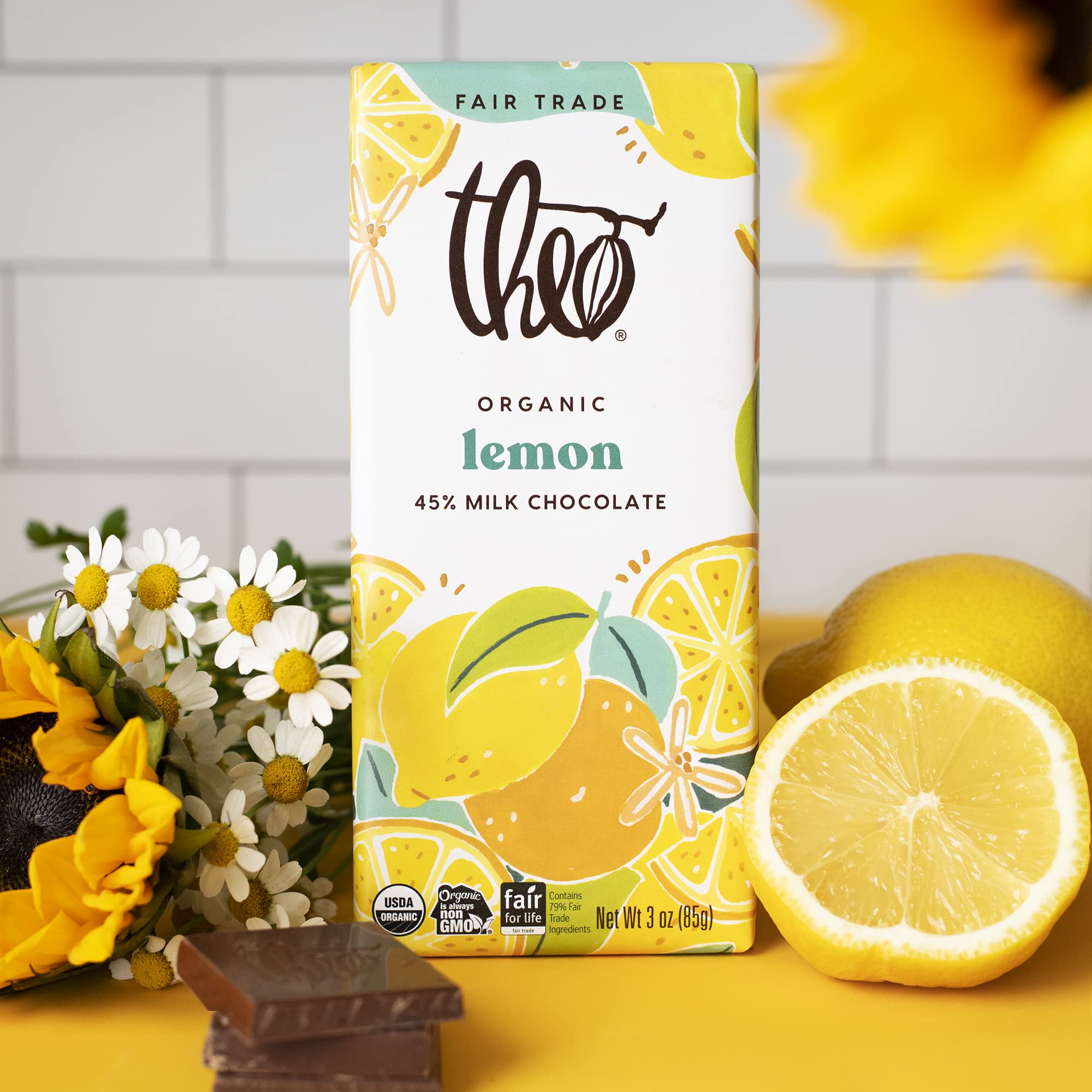 Organic Lemon Milk Chocolate Bar 45% Cacao - Theo Chocolate Spring Limited Edition 6 Pack | Fair Trade Certified | Soy-Free | Perfect for Easter Gifts, Spring Celebrations & Chocolate Lovers