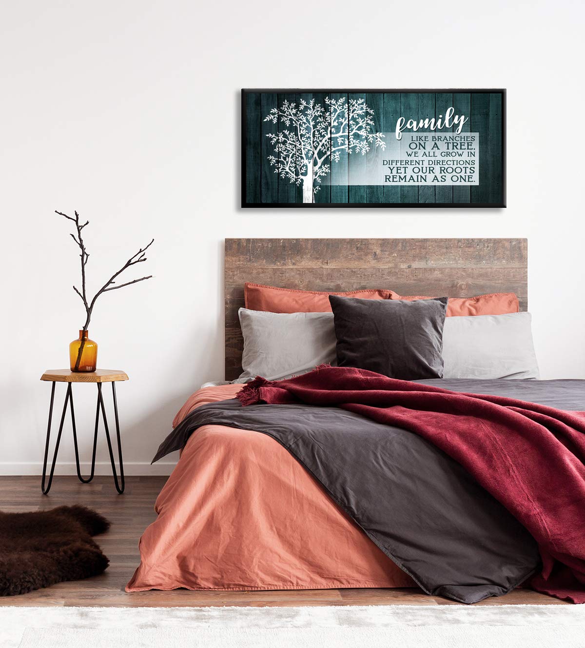 Family Tree Wall Art Plaque - Large Canvas Wall Decor for Living Room & Farmhouse - Teal Green with Black Floating Frame 42x19 - Perfect for Family Room, Bedroom & Home Décor