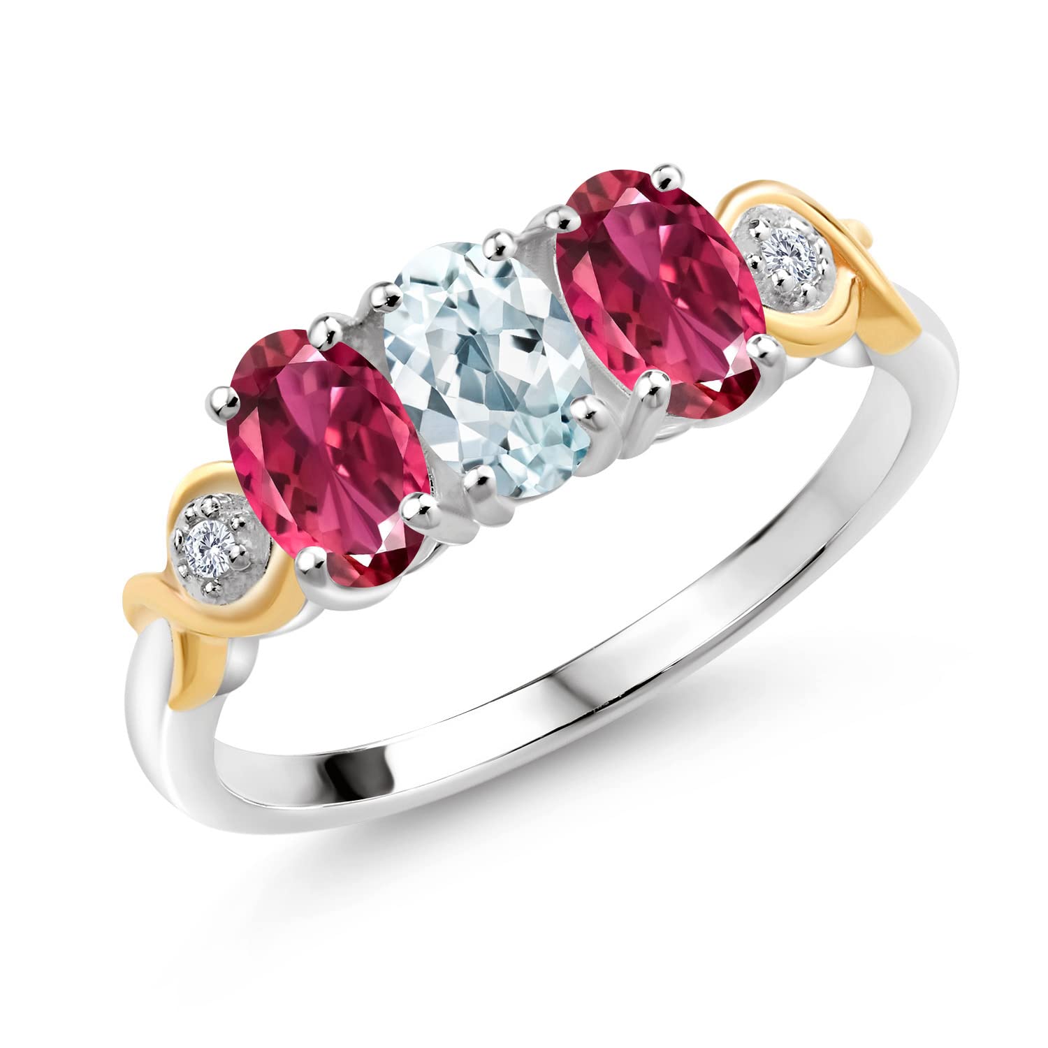 1.47 Ct Sky Blue Aquamarine & Pink Tourmaline Ring in 925 Sterling Silver & 10K Yellow Gold - Elegant Birthstone Jewelry for Women, Perfect for Engagement, Anniversary & Everyday Wear
