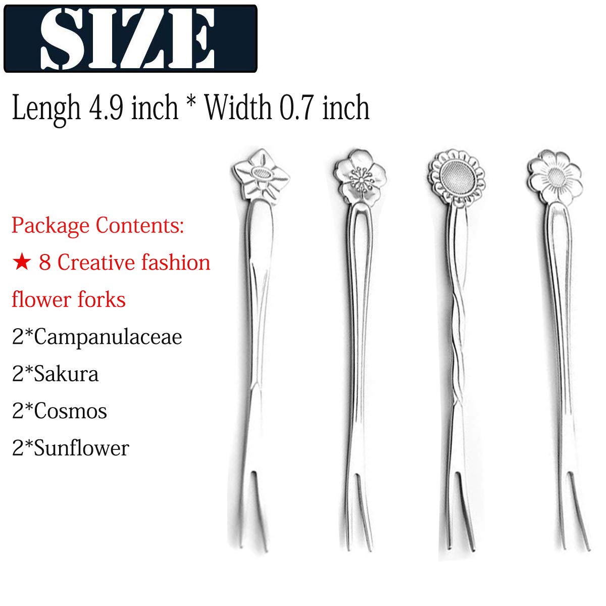 8Pcs 4.9 Inch Stainless Steel Flower Fruit Forks - Small Pickle Forks, Dessert Cake Forks, Salad Bistro Cocktail Forks - 2 Prong Appetizer Forks for Banquet, Party, Seafood, Cocktails (Silver) - Perfect for Wedding Receptions, Tea Parties, and Elegant Dining